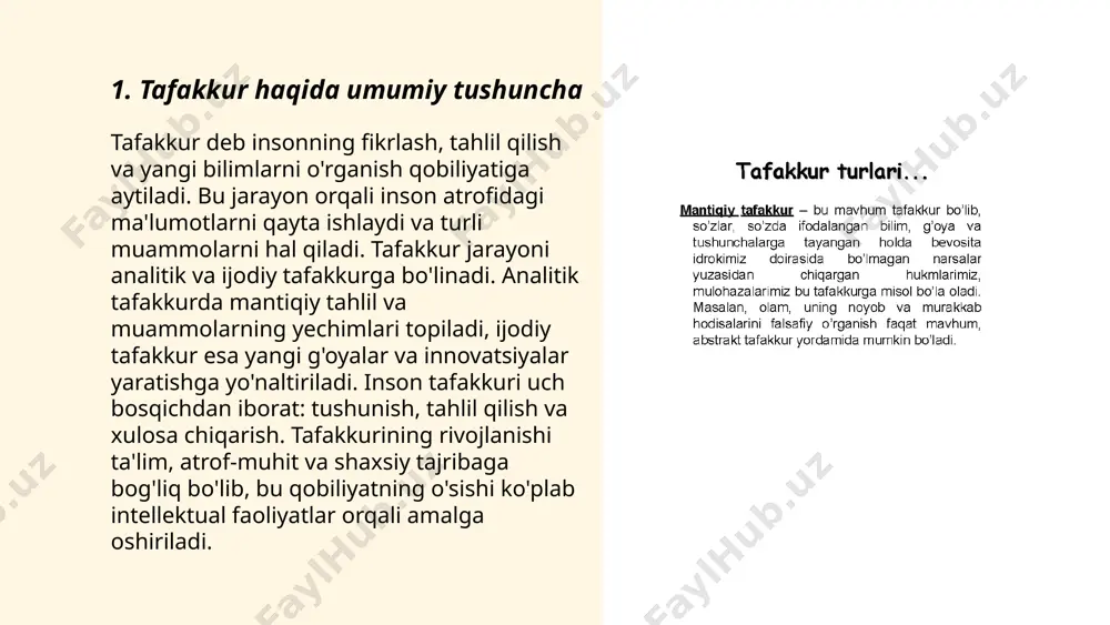 m esa odamning his-tuyg‘ularini, kayfiyatini boshqaradi. bir-biriga bog‘liq bo‘lgan bu tizimlar orqali inson atrof-muhitni anglaydi va unga munosabat bildiradi. neurologlar tafakkur va hissiy tizimning miyadagi alohida qismlardan, masalan, prefrontal korteks va limbik tizimdan boshqarilishini aniqlashgan. ushbu tizimlar uyg‘unligi ruhiy salomatlik va qaror qabul qilish jarayonlariga ta’sir qiladi. stress va ortiqcha hissiyotlar tafakkur qobiliyatini susaytirishi mumkin, shuning uchun muvozanatni saqlash muhimdir. ... t.me/slaydai_bot 7. tafakkur madaniyati tafakkur madaniyati, insonning kognitiv imkoniyatlarini rivojlantirish jarayonida muhim ahamiyatga ega. ushbu madaniyat inson fikr yuritish qobiliyati va mantiqiy tahlil qilishga tayanadi. tafakkur madaniyatini rivojlantirish uchun o'qish, yozish, muloqot qilish kabi intellektual faoliyatlarga e'tibor qaratish kerak. yosh avlodda tafakkur madaniyatini shakllantirish uchun ilmiy kitoblar o'qish, turli mavzularda bahslar uyushtirish va ijodiy mashg'ulotlar o'tkazish samarali usullardan sanaladi. bu madaniyat rivojlangan jamiyatlarda innovatsiyalarga erishish va ijtimoiy farovonlikni oshirishda muhimdir. fikrlarni tahlil qilish, yangi g'oyalarni yaratish va yangilikka ochiqlik tafakkur madaniyatining asosiy unsurlaridir. ... t.me/slaydai_bot tafakkur va o‘qitish metodlari …