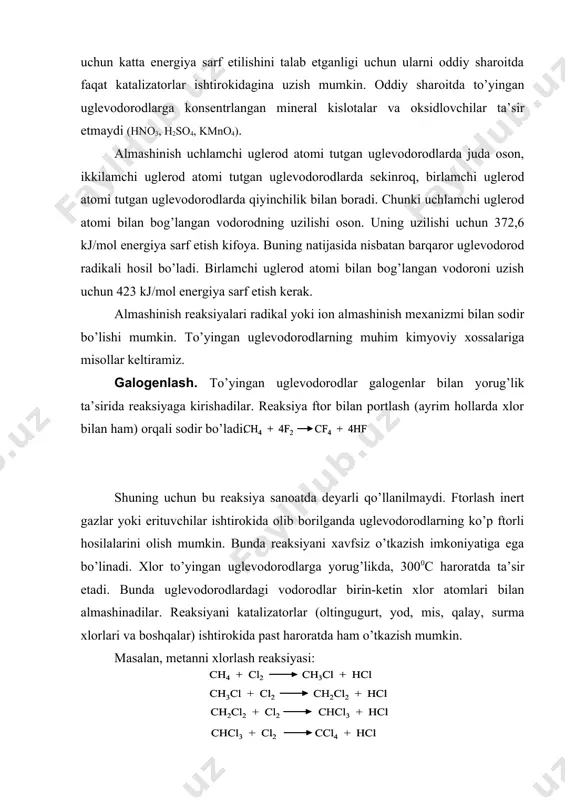 exanizmi. 3.oksidlanish reaksiyasi. 4. alkanlarning sanoatda va xalq xo`jaligida ishlatilishi. organik birikmalarning har bir sinfi ma`lum fizikaviy xossalar bilan xarakterlanadi. bu xossalar molekulalarning tarkibi va tuzilishiga bog`liq bo`lib, gomologik qatorda ma`lum qonuniyat asosida o`zgaradi. fizik xossalari. to’yingan uglevodorodlarning dastlabki vakillari gazsimon, c5h12 dan c16h34 gacha suyuqlik, с16h34 dan boshlab esa qattiq moddalardir. ularning molekulyar massalari ortib borishi bilan qaynash va suyuqlanish haroratlari, zichligi, nur sindirish ko’rsatkichi ortib boradi. to’g’ri zanjir hosil qilib tuzilgan uglevodorodlar tarmoqlangan zanjir hosil qilib tuzilgan izomerlariga nisbatan yuqori haroratda qaynaydilar. to’yingan uglevodorodlar suvda juda kam eriydilar. to’yingan uglevodorodlardagi atomlar o’zaro –c–c bog’lanish hosil qilib birikkanlar. ulardagi uglerod-uglerod orasidagi masofa 1,545 a0 (0,154 nm) ga teng. qisqa zanjir hosil qilib tuzilgan to’yingan uglevodorodlarda –c–c bog’lanish aylinish (c atomi atrofida) xususiyatiga ega. to’yingan uglevodorodlar ultrabinafsha nurlanish to’lqinlarini 200 nm dan kichik sohalarda yutadilar. infraqizil spektrlarda ular uchun 2800-3000 sm–1 da –c–h bog’lanishning valent tebranishlari va 1380-1470 sm–1 da …