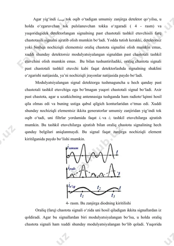 umumiy zanjiridan yig‘indi tok oqib o‘tadi, uni filtrlar yordamida faqat i1 va i2 tashkil etuvchilarga ajratish mumkin. bu tashkil etuvchilarga ajratish bilan oraliq chastota signalining hech qanday belgilari aniqlanmaydi. bu signal faqat zanjirga nochiziqli element kiritilganida paydo bo‘lishi mumkin. 4- rasm. bu zanjirga diodning kiritilishi oraliq (farq) chastota signali o‘zida uni hosil qiladigan ikkita signallardan iz qoldiradi. agar bu signallardan biri modulyatsiyalangan bo‘lsa, u holda oraliq chastota signali ham xuddi shunday modulyatsiyalangan bo‘lib qoladi. yuqorida aytilganidek, chastotani o‘zgartirish jarayoni o‘zgartiriladigan signalni keyingi zarur chastotalar sohasi ajratilishi bilan yordamchi garmonik tebranishga ko‘paytirish yo‘li bilan amalga oshiriladi. buni ikkita usullarda amalga oshirish mumkin, ular chastotani o‘zgartirgichlarni qurish asosiga qo‘yilgan: 1. ikkita kuchlanishlar (foydali signal va geterodin signali) yig‘indisi keyingi zarur tok spektri tashkil etuvchilari ajratilishi bilan nochiziqli elementga beriladi. 2. geterodinning kuchlanishi aralashtirgichning qandaydir parametrini (tranzistor vaxi tikligi, zanjirning reaktiv parametrini) o‘zgartirish uchun ishlatiladi. bunday aralashtirgichning kirishiga beriladigan foydali signal spektrni mos …