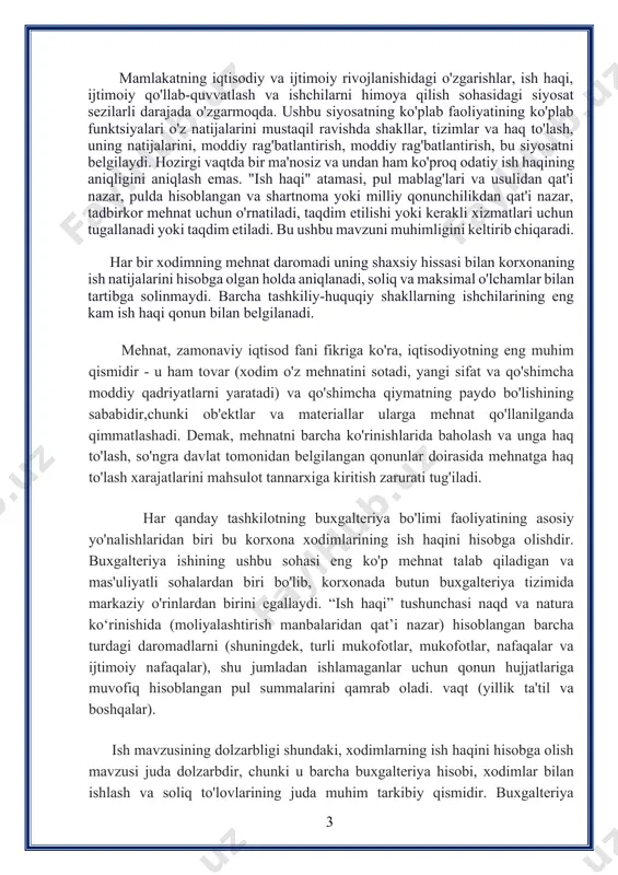 tisodiyotni rivojlantirish hamda shu asosda xalqning farovonligi yanada yuksaltirish oldimizda turgan dolzarb vazifadir. umuman olganda, korxona va tashkilotlarda mehnat jamoasining normal ishlashi va korxona faoliyatining davomiyligida, albatta, ish haqining ta’siri ahamiyatlidir. shuning uchun ham, ish haqini oshirish,unga qo’shimcha va ustamalarni to’lash tizimini oshirish va buning uchun korxonalarda marketing strategiyalarini ishlab chiqish va uni tatbiq qilish mavzuning dolzarbligidan dalolat beradi. shuningdek mamlakatimizda iqtisodiyot tarmoqlarining yuqori sur’atlar bilan iqtisodiy o’sishga erishishda, iqtisodiyotni modernizatsiya va diversifikasiya qilish jarayoni bilan birga mahalliy va xorijiy investisiyalarni jalb qilish, iqtisodiyotning yetakchi tarmoqlarida chuqur tarkibiy o’zgarishlarni amalga oshirish, kichik biznes va xususiy tadbirkorlikni jadal rivojlantirish, korxonalarda moliyaviy investitsiyalardan samarali foydalanish bo’yicha keng qamrovli chora-tadbirlarni amalga oshirilayotganligidir. mehnat bilan band aholi daromadlarining asosiy qismi tadbirkorlik faoliyatidan olinishi bilan birga, ularning mehnat haqlari ham oshirilib borilmoqda. barchamizga ma’lumki, aholi ish haqi va daromadlarining o’sish sur’ati eng muhim o’rsat ichlardan biri hisoblanadi. o’zbekiston har uch yilda ish haqini 2-2,5 barobar …