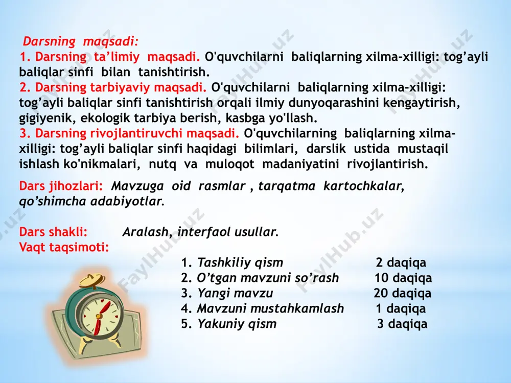 qilish nimadan iborat? iii. yangi mavzu. o’tgan darslarimizdan sizga ma’lumki,ko’pchilik baliqlarning tuxumlari ona organizmidan tashqarida urug’lanadi. urg’ochilari tashlagan uvildirig’i ustiga erkaklari urug’larini sepib ketadi. o’tkinchi baliqlar uvildiriq tashlash uchun dengizdan daryoga yoki daryodan dengizga o’tadi. ayrim baliqlarda nasliga g’amxo’rlik qilish kuchli rivojlangan; ular tuxumlari va tuxumdan chiqqan chavoqlarini qo’riqlaydi. ko’pchilik baliqlarning nasliga g’amxo’rlik qilishi asosan uvildiriq tashlash uchun qulay joy axtarishdan iborat. nasliga kam g’amxo’rlik qiladigan baliqlar juda ko’p tuxum qo’yadi. bugungi darsimizda baliqlarning xilma-xilligi: tog’ayli baliqlar sinfi haqida bilib olamiz. baliqlarning xilma-xilligi: tog’ayli baliqlar sinfi. baliqlarning yashash muhitiga moslashishi. turli suv havzalarida yashash sharoiti har xil bo‘ladi. hatto bitta suv havzasining turli qismida ham sharoit bir xil bo‘lmaydi. yashash sharoiti va oziq tarkibining xilma-xilligi, o‘zaro raqobat, dushmanlarning ko‘p bo‘lishi baliqlar tuzilishi va fe’l-atvorining turlicha bo‘lishiga olib kelgan. shuning uchun ham dengiz tubida yashovchi baliqlar sekin harakatlanadi, tanasi yassi bo‘lganidan yirtqich hayvonlar ularni sezmaydi. rang-barang korall riflari orasida hayot kechiradigan …