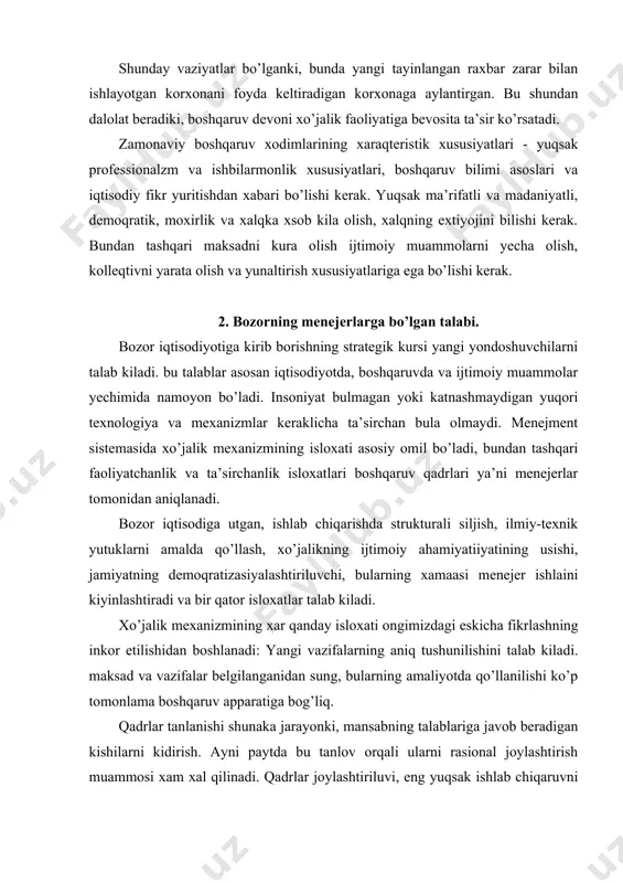 qaruv apparatiga bog’liq. qadrlar tanlanishi shunaka jarayonki, mansabning talablariga javob beradigan kishilarni kidirish. ayni paytda bu tanlov orqali ularni rasional joylashtirish muammosi xam xal qilinadi. qadrlar joylashtiriluvi, eng yuqsak ishlab chiqaruvni ta’minlash maksadida, ularni (qadrlarni) maksadga muvofiq shaklda boshqaruv apparatida joylashtiriluviga bog’liq. qadrlar tanlovi, bozor sharoitida ishlay oladigan kishilar va ularda kolleqtiv yo’zaga keltirish bilan bog’liq. bozor iqtisodiyoti munosabati menejerlardan, tadbirkorlik va tez qaror qabul qilishni talab kiladi. muxim bo’lgani nafakatgina isloxat tamoyillarini umumiy tushunish, balki ularni qadrlarni xar kungi xayotida ishlata olish, ishning tarzini va uslubini o’zgartira olish. bularni inobatga olgan xolda ma’suliyatli faoliyat ko’rsatish, yangi xuquqlardan foydalanish va sezilarli darajada intizomni mustaxkamlash kerak. menejerlar yaxshi taqtikkina bo’lib kolmay, strateg xam bo’lishlari kerak. ular bozor extiyojlarini inobatga olishlari, bozorning shakllanishida ta’sir etish, talabdagi o’zgarishga egiluvchan shaklda javob berish, u maksadni aniq tasavvur kila olish, ertangi kun muammolarini yechish uchun bugundan taraddud kura olish, texnik yutuk va iqtisodiy ijtimoiy rivojdan …