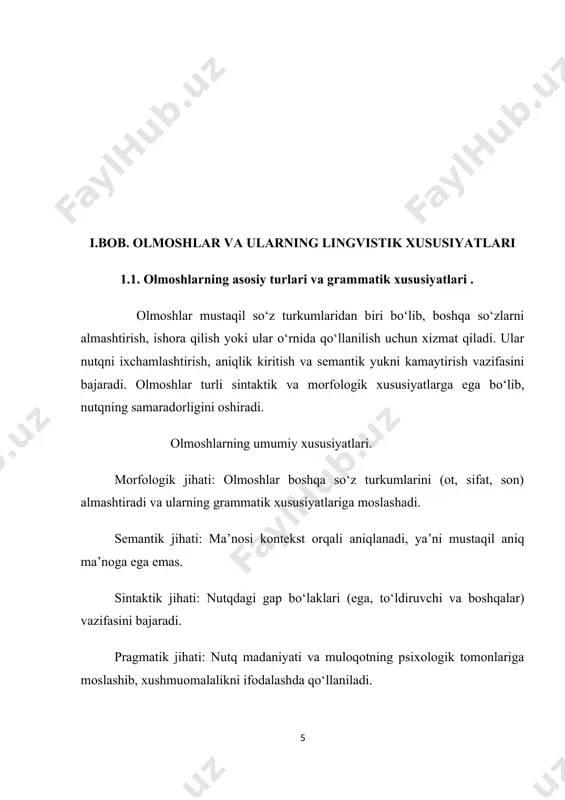 turlarga ko‘ra grammatik o‘zgarishi. olmoshlarning turiga qarab grammatik xususiyatlari o‘zgaradi: a) shaxs olmoshlari: kelishiklar bo‘yicha o‘zgaradi: men, meni, menga, mendan, menda. yakka va ko‘plikda keladi: men – biz, sen – siz, u – ular. b) ko‘rsatish olmoshlari: o‘zining qaratqich va kelishik shakllariga ega: bu – buni, shu – shuni. masofa yoki narsaning o‘rnini bildiradi: bu (yaqin), u (uzoqlik), ana (ko‘rsatma). c) savol olmoshlari: shaxs yoki narsaning kimligini bildiradi: kim keldi? nima bu? sifat va miqdor so‘rashda ham ishlatiladi: qanday kiyim? qancha vaqt? d) belgilash olmoshlari: belgilangan narsaning aniqlik darajasini bildiradi: hamma bu narsani biladi. ba’zi odamlar kechikdi. 4. kelishik qo‘shimchalarini qabul qilishi. olmoshlar o‘z ma’nosi va gapdagi vazifasiga ko‘ra kelishik qo‘shimchalarini qabul qiladi: shaxs olmoshlari: meni, senga, bizdan, ularga. ko‘rsatish olmoshlari: buni, shunda, undan. 5. o‘zlik va egalik shakllari. ba’zi olmoshlar shaxs yoki narsaning o‘ziga tegishliligini yoki egalikni bildiradi: o‘z, o‘zim, o‘zimiz: men o‘zim buni qildim. mening, sening, uning: bu …