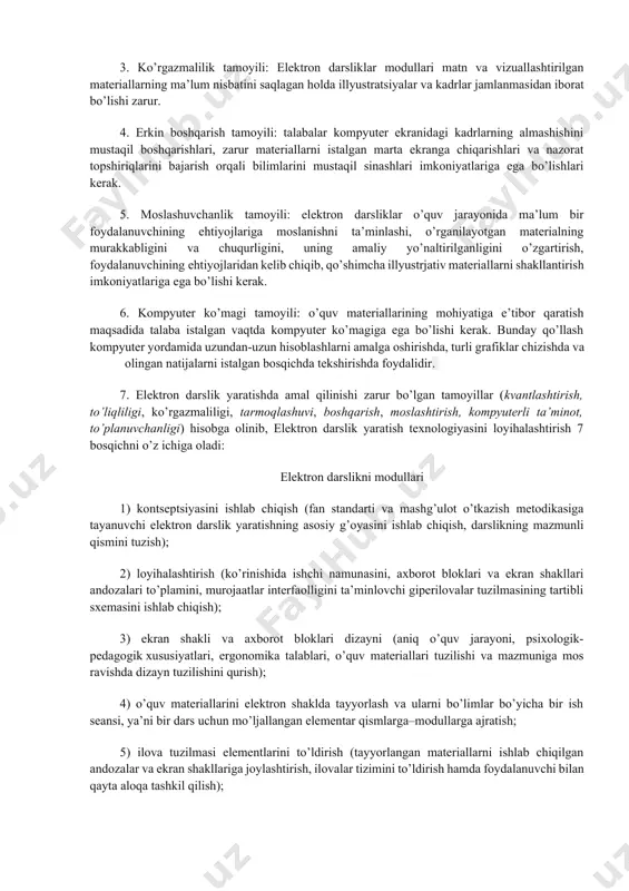 bo’yicha nazorat savollari; · namunalar; · mustaqil yechish uchun masalalar; · modul bo’yicha nazorat savollari. · shuningdek, modul tarkibiga quyidagi qo’shimchalar kiritilishi maqsadga muvofiq hisoblanadi: · testlar; · nazorat ishi; · yordamchi ma’lumotnoma; · tahlillar. 3. ko’rgazmalilik tamoyili: elektron darsliklar modullari matn va vizuallashtirilgan materiallarning ma’lum nisbatini saqlagan holda illyustratsiyalar va kadrlar jamlanmasidan iborat bo’lishi zarur. 4. erkin boshqarish tamoyili: talabalar kompyuter ekranidagi kadrlarning almashishini mustaqil boshqarishlari, zarur materiallarni istalgan marta ekranga chiqarishlari va nazorat topshiriqlarini bajarish orqali bilimlarini mustaqil sinashlari imkoniyatlariga ega bo’lishlari kerak. 5. moslashuvchanlik tamoyili: elektron darsliklar o’quv jarayonida ma’lum bir foydalanuvchining ehtiyojlariga moslanishni ta’minlashi, o’rganilayotgan materialning murakkabligini va chuqurligini, uning amaliy yo’naltirilganligini o’zgartirish, foydalanuvchining ehtiyojlaridan kelib chiqib, qo’shimcha illyustrjativ materiallarni shakllantirish imkoniyatlariga ega bo’lishi kerak. 6. kompyuter ko’magi tamoyili: o’quv materiallarining mohiyatiga e’tibor qaratish maqsadida talaba istalgan vaqtda kompyuter ko’magiga ega bo’lishi kerak. bunday qo’llash kompyuter yordamida uzundan-uzun hisoblashlarni amalga oshirishda, turli grafiklar chizishda va olingan …