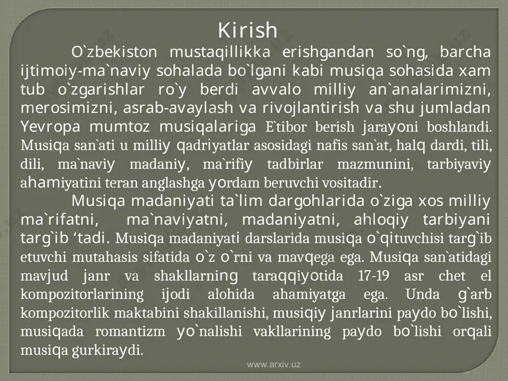 da poeziya dramaning qizi sifatida unga itoat qilishi kerak’’. ushbu fikr bizga operaga qarashda motsart nuqtai nazarining musiqani dramatik harakatlarga bo`ysindirishga uringan glyuknikidan nimasi bilan farq qilishini tushunishga imkon beradi. www.arxiv.uz www.arxiv.uz motsart yaratgan asarlar opera appalon va giatsint 1767 bastyen va bastyenna 1768 soxta laqma 1768 teatr directori 1782 fegaraning uylanishi 1786 don juan 1787 hamma shunday qiladi 1790 sehrli nay 1791 seraldagi o`g`irlik 1782 soxta bog`bon qiz 1775 kontata- oratoriya 15-ta messa rekviem 1791 5-ta mason motetlar simfoniya xafner simfoniyasi d-dur 1782 praga simfoniyasi d-dur 1786 c-dur simfoniyasi 1783 es- dur simfoniyasi 1788 g- moll simfoniyasi 1788 c-dur yupiter simfoniyasi 1788 konsertlar skripka va orkestr uchun 7-ta fortapiano va orkestr uchun 27-ta www.arxiv.uz www.arxiv.uz 2.1. musiqiy asarlarni o`zlashtirish orqali shaxsni rivojlantirish 2.2. buyuk kompazitorlarning asarlari orqali o`quvchilarni ma`naviy ruhda tarbiyalash 2.3. musiqa madaniyati darslarining 6-sinflarda musiqa o`qitish metodikasi www.arxiv.uz www.arxiv.uz www.arxiv.uz ota – onalar bolalar musiqaga moyil musiqaga …