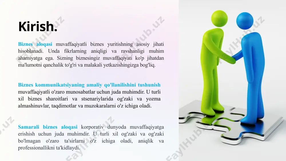 y va norasmiy 3. og'zaki bo'lmagan muloqot nima? tana tili, yuz ifodasi, ovoz intonatsiyasi. elektron xabarlar. yozma hujjatlar ovoz intonatsiyasi. 2. ishbilarmonlik aloqasi kontekstida teskari aloqa nima? yuboruvchi oluvchidan olmoqchi bo'lgan ma'lumot -axborot oluvchining jo‘natuvchi xabariga munosabati yuboruvchining oluvchiga yuboradigan xabari. olmoqchi, yuboruvchi bo'lgan ma'lumot biznes munosabatlarini monitoring qilishning maqsad va vazifalari. 1 tushunish hamkorlar va mijozlar bilan munosabatlarning asosiy jihatlarini aniqlash. 2 baholash belgilangan maqsadlarga muvofiqligini tasdiqlash uchun natijalarni tahlil qilish. 3 yaxshilash o'zaro munosabatlarni yaxshilash uchun olingan ma'lumotlarga asoslangan strategiyalarni ishlab chiqish. 14 biznes munosabatlarini kuzatish va baholashning ahamiyati. asosiy ko'rsatkichlar. o'zaro munosabatlarni monitoring qilish muhimligini tan olish mijozlarning ishonch, qoniqish va sodiqlik darajasini baholashni o'z ichiga olishi mumkin. muammolar. biznes munosabatlarini baholashda qiyinchiliklarni tushunish to'siqlarni bartaraf etish va jarayonlarni yaxshilash uchun zarurdir. 15 monitoring va baholash uchun vositalar. grafiklar tahlil qilish uchun munosabatlar haqidagi ma'lumotlarini visual tasvirlash. analitika strategiyalar samaradorligini baholash uchun vositalardan foydalanish. hisobotlar keyinchalik o'rganish …
