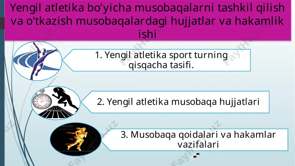 yengil atletikani rivojlantirishga va xalqaro musobaqalar o’tkazishga rahbarlik qiladigan organ – xalqaro yengil atletika havaskorlari federasiyasi (iaaf) tashkil qilingan. federasiyaning maqsadi – federasiya a’zolari o’rtasida hamkorlik o’rnatish, ustav va xalqaro musobaqalar o’tkazish qoidasini ishlab chiqishdan iborat edi. o’zbekiston yengil atletika federasiyasi 1992 yil xalqaro yengil atletika federasiyasi iaaf ga a’zo bo’lib kirdi. 1993 yilda esa osiyo yengil atletika astosiatsiyasiga qabul qilindi. o’zbekiston terma jamoasi birinchi marta 1994 yil xirosima shahrida (yaponiya) xii osiyo o’yinlarida 11 sportchi bilan ishtirok etib 3 ta oltin, 2 ta kumush va 3 ta bronza medallari sovrindori bo’ldilar. yengil atletika bo’limlaridagi turlarni turkumlanishi 2 yugurish 3 sakrash 4 uloqtirish 5. ko’p kurash 1 yurish yurish - siklik tur bo‟lib, maxsus chidamlilikni namoyon qilishni taqozo etadi, ham erkaklar, ham ayollar o’rtasida musobaqalar o’tkaziladi. ayollarda: stadionda – 3, 5, 10 km; manejda – 3, 5 km; shosseda – 10, 20 km masofalarda musobaqalar o’tkaziladi. erkaklarda: stadionda – 3, …