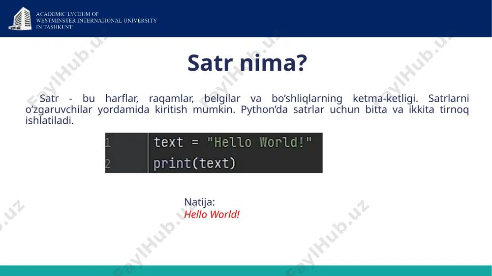 sib oladi; a [start: end: step] – a satrida start indeksdan end indeksgacha step qadam bilan belgilarni kesib oladi. satr fragmentlarini o’chirish 9 misol uchun, bizda quyidagi satr bor: text = “hello world!” shunda: satrlarni qanday ajratish mumkin text[6:11] world text[6:] world! text[:6] hello text[6:11:2] wrd satrni ajratish uchun text[dan:gacha:qadam] ko’rinishidagi kodni yozish kerak. agar qiymatlardan biri ko’rsatilmasa, sukut bo’yicha qiymat olinadi (dan – birinchi belgi, gacha – satr oxiri, qadam – 1). 10 split() usuli kiritilgan satr ma’lumotlarini ajratuvchi belgi yordamida qismlarga ajratishi mumkin. sukut bo’yicha, bo’shliq ajratuvchi rolini o’ynaydi. agar satr qismlarini ajratish uchun boshqa belgi ishlatilsa, uni split() qavslariga kiritish kerak. ma’lumotlarni kiritish usuli 11 misol 12 print() ma’lumotlarni ekranga chiqarish yoki faylga yozish funksiyalarini bajaradi. ma’lumotlarni chiqarish usullari yordamida ularni har qanday ko’rinishda aks ettirish mumkin. buning uchun print() operatorining to’liq sintaksisidan foydalanish mumkin. print(‘natija’, sep=‘ ’, end=‘ ’) sep=’ ’ argumenti natija ma’lumotlarini ajratish uchun …