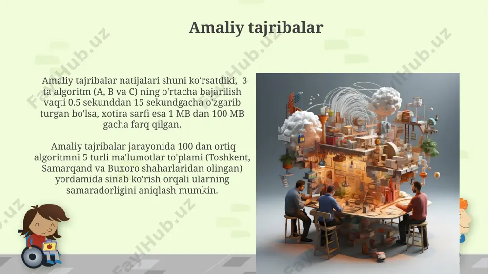 an bir qatorda, uning to'g'ri ishlashini matematik dalillar orqali isbotlash imkonini beradi. misol uchun, 1970-yillardagi go's algoritmi tahlili shuni ko'rsatdiki, u n² murakkablikka ega. analitik tahlil algoritmlar murakkabligini aniqlashda, masalan, o(n²) yoki o(log n) kabi asimptotik notatsiyalardan foydalanib, vaqt va xotira sarfini hisoblashda muhim rol o'ynaydi. bu tahlil berklidagi kaliforniya universiteti kabi muassasalar tomonidan keng qo'llaniladi. eksperimental tahlil algoritmlarni taqqoslashda, eksperimental tahlil natijalari, xatolik chegarasi ±5% bo'lgan o'rtacha bajarilish vaqti kabi ko'rsatkichlarni hisoblash orqali, aniqroq natijalar beradi va bu natijalar grafiklar yordamida, masalan, matlab dasturida tasvirlanadi. eksperimental tahlil algoritmning bajarilish vaqtini turli xil kirish ma'lumotlari hajmlari (masalan, 1000, 10000, 100000 elementlar) uchun o'lchash orqali, masalan, stanford universitetida ishlab chiqilgan maxsus dasturlar yordamida amalga oshiriladi. xotira murakkabligi algoritmning xotira murakkabligi o(n) yoki o(n^2) kabi buyuk o yozuvi yordamida ifodalanadi, bu yerda n – kirish ma'lumotlarining hajmini bildiradi; masalan, 1000 ta elementli massiv uchun xotira sarfi sezilarli darajada o'sishi mumkin, bu esa …