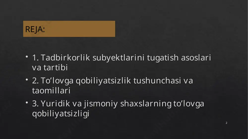oʻlgan boshqa sabablarni tan olishi bilan. to‘lovga qobiliyatsizlik — sud tomonidan e’tirof etilgan, qarzdorning pul majburiyatlari bo‘yicha kreditorlar talablarini to‘la hajmda qanoatlantirishga va (yoki) soliqlar hamda yig‘imlar bo‘yicha o‘z majburiyatlarini to‘la hajmda bajarishga qodir emasligi. bankrot — sudning qaroriga asosan to‘lovga qobiliyatsiz deb topilgan va o‘ziga nisbatan tugatishga doir ish yuritish yoki mol-mulkini sotish tartib-taomili qo‘llaniladigan qarzdor. to’lovga qobiliyatsizlik alomatlari 1 vaqtincha to‘lovga qobiliyatsizlik 2 doimiy to‘lovga qobiliyatsizlik sudga murojaat etish huquqi to‘lovga qobiliyatsizlik to‘g‘risida ish qo‘zg‘atish haqidagi ariza bilan sudga murojaat etish huquqi kreditor qarzdor qarzdorning, tugatish komissiyasining yoki tugatuvchining sudga ariza berish majburiyati agar yuridik shaxs tugatilayotganda kreditorlarning talablarini to‘liq hajmda qanoatlantirish imkonsizligi aniqlangan bo‘lsa, tugatish komissiyasi yoki tugatuvchi sudga qarzdorga nisbatan to‘lovga qobiliyatsizlik to‘g‘risida ish qo‘zg‘atish haqida ariza bilan murojaat etishi shart. qarzdorning, tugatish komissiyasining yoki tugatuvchining arizasi 9- moddada nazarda tutilgan holatlar yuzaga kelgan paytdan e’tiboran bir oydan kechiktirmay sudga yuborilishi kerak. to’lovga qobiliyatsizlik taomillari kuzatuv, …