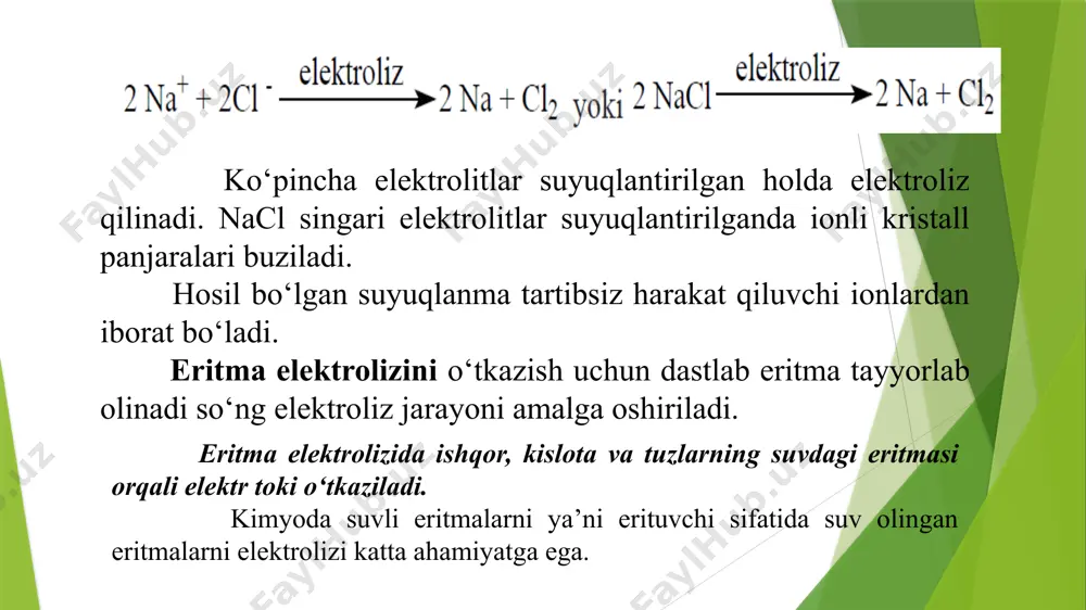 llmas ajralib chiqadi. elektroliz kimyo sanoatida va rangli metallurgiyada muhim ahamiyatga ega. alyuminiy, rux, magniy va yana bir qancha metallar elektroliz usuli bilan olinadi. bundan tashqari elektroliz usuli bilan vodorod, xlor, kislorod va boshqa metallmaslarni ham olish mumkin. bir metallni boshqa metall qavati bilan qoplashda ham elektroliz usulidan foydalaniladi. masalan, buyumlarni nikellashda anod nikeldan tayyorlanadi, nikellanuvchi buyum esa katod bo‘ladi. har ikkala elektrod nikel tuzi eritmasiga tushiriladi. elektroliz natijasida katod nikel metali bilan qoplanadi. nikel, xrom, oltin qoplama buyumlarga nafaqat chiroyli ko‘rinish beradi, balki ularni kimyoviy yemirilishdan (korroziyadan) ham saqlaydi; bundan tashqari, bu usul bilan istalgan shakldagi buyumni qoplash mumkin. elektroliz qonunlarini ingliz olimi m.faradey kashf etgan. * faradeyning 1-qonuni: elektroliz davomida elektrodlarda ajralib chiqadigan moddaning massasi elektrolit eritmasi orqali o‘tgan elektr tokining miqdoriga to‘g‘ri proporsional bo‘ladi. * faradeyning 2-qonuni: agar turli xil elektrolitlar eritmalari orqali bir xil miqdorda elektr toki o‘tkazilsa, elektrodlarda ajralib chiqadigan moddalarning massasi, shu moddaning ekvivalent …