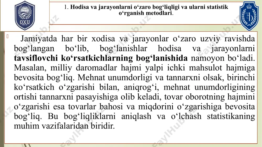 ar. buning asosiy sababi, ish haqi hajmi faqat ish razryadiga emas, balki boshqa omillarga ham (masalan, shaxsiy qobiliyat, ish sharoiti, sog‘liq darajasi, ma’lumot, korxonaning moliyaviy holati va h.k.) bog‘liqligidir. agarda bir belgining ortib borishi bilan, ikkinchi unga tobe bo‘lgan belgi pasayib borsa, bunday bog‘lanish teskari bog‘lanish deyiladi. masalan, kompyuter operatori har 10 minutda bir varaq matnni tera oladi, ya’ni uning unumdorligi bir soatda 6 varaq. agarda operator bir varaq matnni terish uchun 9 minut sarflasa uni unumdorligi oshadi. demak, mehnat unumdorligi va bir birlikka (mahsulot ishlab chiqarish ham bo‘lishi mumkin) sarflangan vaqt o‘rtasida teskari bog‘lanish mavjud. statistikada bog‘lanishlar yo‘nalishi bo‘yicha: to‘g‘ri va teskari bog‘lanishga bo‘linadi. to‘g‘ri bog‘lanishga quruvchining ish razryadi va ish haqi o‘rtasidagi bog‘lanish misol bo‘lishi mumkin. ma’lumki, boshqa shartlar o‘zgarmasdan qolsa, ish razryadining oshishi ish haqini oshishiga olib keladi. analitik ifodalarning ko‘rinishiga qarab bog‘lanishlar ikki turga, ya’ni: to‘g‘ri va egri chiziqli bog‘lanishlarga bo‘linadi. to‘g‘ri chiziqli bog‘lanishda omil belgining …