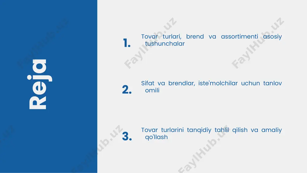 soslangan bo'lishi mumkin. masalan, yuqori sifatli telefonlar yoki arzon mobil telefonlar. farqlash usullari misollar sifatida apple iphone yuqori sifat va keng assortiment bilan ajralib turadi, mahalliy brendlar esa narx va dizaynga e'tibor qaratadi. misollar orqali tushuntirish brend assortimenti va sifat brend assortimenti, kompaniyaning turli mahsulotlar va xizmatlar to'plamini anglatadi. bu, mijozlarning ehtiyojlariga mos keladigan keng assortimentni taqdim etish orqali brendning raqobatbardoshligini oshiradi. sifat, mahsulot yoki xizmatning mijoz kutganlariga javob berish darajasi. yuqori sifat, brendning ishonchliligini va mijozlar sadoqatini mustahkamlashga yordam beradi. sifatni oshirish uchun ishlab chiqarish jarayonlarini optimallashtirish, zamonaviy texnologiyalarni joriy etish va mijoz fikr-mulohazalariga asoslangan yaxshilash strategiyalarini qo'llash lozim. photo by georgi kalaydzhiev on unsplash 1 2 3 tovar turlari va iste'molchilar tovar turlari va iste'molchilar o'rtasidagi munosabatlar ularning ehtiyojlari va xarid qilish odatlari bilan bog'liq. sifatli mahsulotlar yuqori daromadli iste'molchilar uchun, arzonroq tovarlar keng auditoriyaga mo'ljallangan. iste'molchilar tanlovida tovar turlarining roli muhim. ular mahsulotlarning xususiyatlari, narxlari va brend …