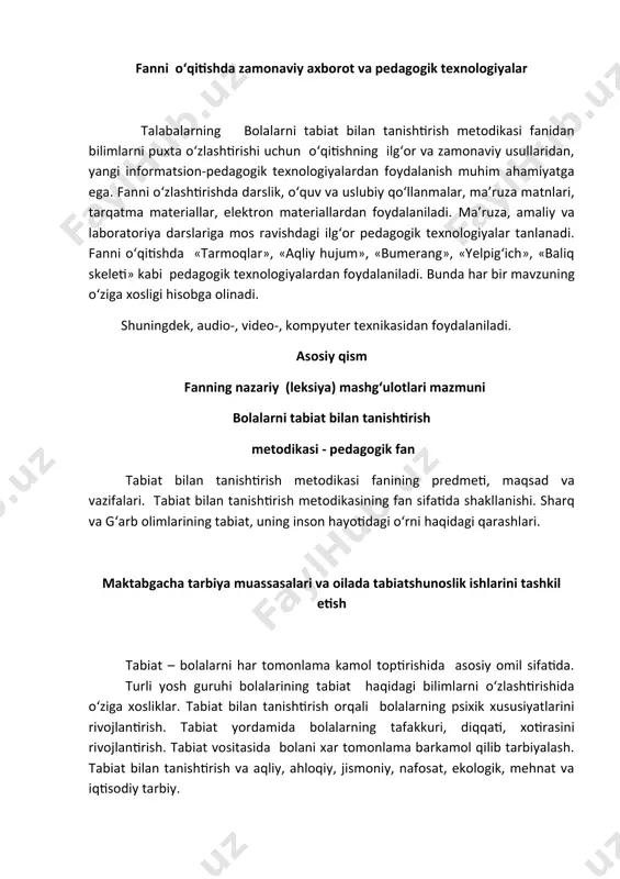 o‘tkazish metodikasi bilan tanishtirish. bolalarni tabiat bilan tanishtirishning amaliy metodlari tabiatga oid o‘yinlar. ularning turlari, o‘tkazish metodikasi. tabiatga oid mehnat turlari, ularni o‘tkazish metodikasi, mehnat qurollari haqida bilim berish. oddiy tajribalar, ularning mazmuni, bolalarda izlanuvchanlik qobiliyatlarini rivojlantirish, oddiy tajribalarni o‘tkazish metodikasi. maktabgacha tarbiya muassasasida tabiat burchagi maktabgacha tarbiya muassasasida umumiy tabiat burchagini, har bir guruhda jonli burchakni tashkil etish. hayvon va o‘simliklarni parvarish qilishga o‘rgatish. tabiat burchagiga qo‘yiladigan talablar. mayda sut emizuvchilar va ularni parvarishlash yo‘l-yo‘riqlarini o‘rgatish. maktabgacha tarbiya muassasasining yer maydonchasi yer maydonchasining ta’lim tarbiyaviy ahamiyati. ekinzor va gulzorlar tashkil etish. poliz va gulzorni tashkil etishni rejalashtirish. poliz ekinlarini parvarishlashda mehnat qurollaridan foydalanish. poliz ekilarining urug‘ va mevalari bilan tanishtirish. gullarni parvarish qilishni o‘rgatish. tabiat bilan tanishtirish shakllari tabiat bilan tanishtirish shakllari: mashg‘ulot, ekskursiya, sayr va ularning turlari, o‘tkazish metodikasi. turli guruhlarda mashg‘ulotlar o‘tkazish, ularga rahbarlik qilish. yangi bilim berish, bilimlarni aniqlashtirish, bilimlarni mustahkamlash mashg‘ulotlari. mashg‘ulot o‘tkazish tartibi. maktabgacha …