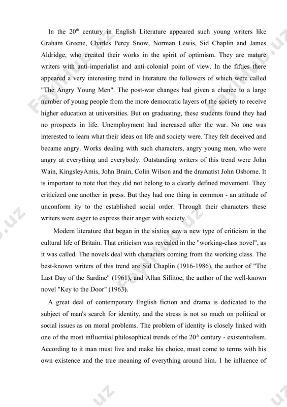 ated to the subject of man's search for identity, and the stress is not so much on political or social issues as on moral problems. the problem of identity is closely linked with one of the most influential philosophical trends of the 20,h century - existentialism. according to it man must live and make his choice, must come to terms with his own existence and the true meaning of everything around him. 1 he inlluence of existentialist ideas left a profound impression on the work of william golding and iris murdoch. writers of earlier times shared with their readers a common value system and sense of what was significant in human life. this helped to determine their choice of subjects and themes as well as their methods of expression. in contrast, the modern age has w itnessed the disintegration of a public background of belief, and it is their own …