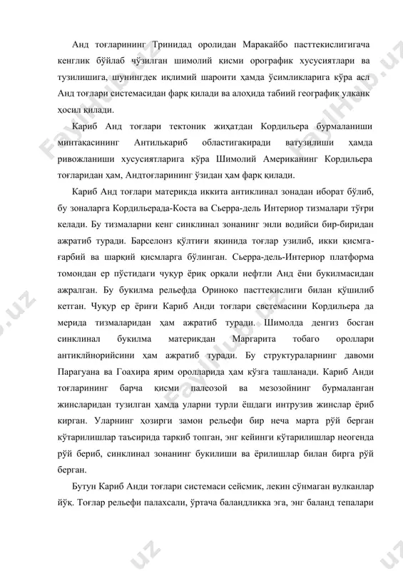 ни икки томони очиқ эрозион ва тектоник ботиқлар бир-биридан ажратиб туради. кариб анди тоғлари, хусусан парагуана ва гоахира орол ҳамда ярим ороллари субэкваториал ҳамда тропик минтақалар чегарасида жойлашиб, қўшни районларга нисбатан қуруцроқ иқлимга эгадир.ўлка бутун йил бўйи шимоли-шарқий пассат шамоллари келтирадиган тропик ҳаво таъсирида бўлади. йиллик ёғин миқдори 1000 мм дан ошмайди, лекин кўпинча 500 мм дан ҳам кам ёғади. ёғиннинг асосий қисми май ойидан ноябрь ойигача ёғади, лекин энг қурғоқчил шимолий районларда намгарчил давр атиги 2-3 ой давом этади. тоғлардан кариб денгизи томонга кичик ва калта дарёлар оқиб тушиб, соҳилга кўп миқдорда нуроқ жинсларни олиб келади; оҳактошлар ер юзасига чиқибетадиган жойларда сув деярли бутунлай йўқ. материкнинг ва оролларнинг лагунали соҳиллари кенг мангра ўрмонлари билан қопланган, қуруқ пасттеқисликларда қандилсимон кактуслардан, опунция, ихрож, мескитлардан иборат монте типидаги бутазорлар энг кенг тарқалган. бу кул ранг-яшил ўсимлик қоплами орасида ҳар ер-ҳар ерда кул ранг тупроқли ёки сариқ қумлоқли жойлар кўзга ташланиб туради. тоғларнинг …