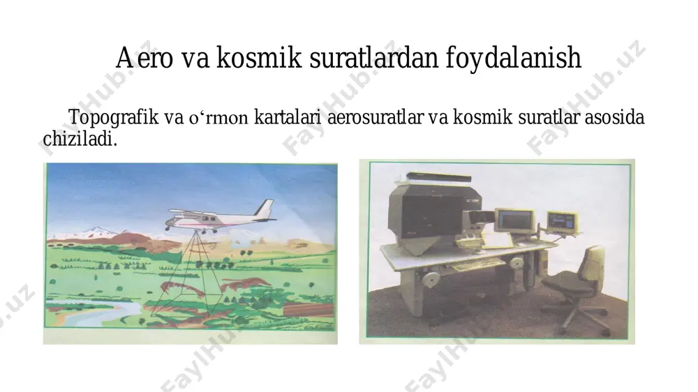 kichlari bor. respublikamizda yer va suv resurslaridan unumli foydalanish, ularni tartibga solish, ilmiy izlanishlar olib borishda aero sur’atlardan tayorlangan fototarxlardan foydalanishda katta yutuqlarga erishilmoqda. hozirgi kunda innovatsion texnologiyalarni qo‘llanilishi sababli har bir soha tez sur’atlarda rivojlanib katta yutuqlarga erishilmoqda. hammamizga ma’lumki avallari xaritalarni yangilash (yaratish) monoxramik analogli aero sur’atlardan foydalanilgan holda amalga oshirilgan. bu holatda respublika hududi bo‘yicha ortofototarxlarni yaratishda quyidagi qiyinchiliklarga olib kelgan. 1 olingan aero tasvirlar oq-qoraligi; (rangsiz) hududni tasvirga tushirishda xarajatlarning yuqoriligi (samolyot, yoqilg‘i va h.k) kameral holda ishlarni bajarishda ko‘p vaqt sarflanishi; (tasvirlar geo bog‘lanmaganligi, dasturiy ta’minotlarni eskiligi, va h.k) qo‘l mehnatining ko‘pligi. planga va balandlik bo‘yicha bog‘lash ishlariga ko‘p vaqt va mablag‘larning sarflanishi. o‘zbekiston respublikasi vazirlar maxkamasining 2017-yil 14 martdagi 258-f sonli farmoishiga asosan qishloq xo‘jalik yerlari, qishloq xo‘jaligi ekinlarini ekish va parvarishlar ishlarini monitoringi va hududlarni elektron raqamli xaritalarini yangilash (yaratish) ishlarini texnik va texnologik jixatdan qayta qurollantirish va modernizasiyalash ishlarini amalga oshirish maqsadida …