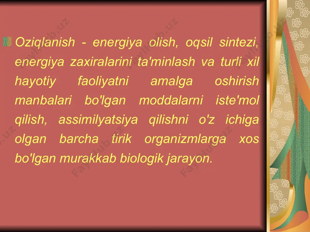 , -1 turishi mumkin, tashqariga chiqadi -2) oxirgi 3 oy davomida stress yoki o'tkir kasallik (–0, yo'q - 2) psixonevrologik muammolar (jiddiy depressiya-1, zaif-2, yo'q-3) tana ommaviy indeksi (bmi) kg / m2bmi kamroq 19-0bmi 19-21-1bmi 21-23-2bmi 23-3 dan ortiq12 bal va undan ko'p-oziqlanish holati normaldir ovqatlanish holatini baholashning mini-shkalasi (ballar soni) – 2-bosqich alohida yashaydi: ha – 1, yo’q-0. 3 dan ortiq shifokor tayinlashlarini oladi: ha-0, yo’q-1. dekubitus yoki trofik yaralar: ha -0, yo’q-1. kuniga to'liq ovqatlanish soni: 1-0, 2-1, 3-2. ikki yoki undan ortiq taomni iste'mol qilish: meva yoki sabzavotlardan: ha-0, yo’q-1. iste'mol qilingan suyuqlik miqdori: 3 dan kam ko'zoynak – 0,0, 3-5 st. -0,5, 5 st. - 1,0 esamosenka sog'liqni saqlash holati – bilmaydi-0,5, qoniqtirildi. – 1,0, yaxshi-2,0. elkaning atrofi (op) sm: op 21-0,0, op 21-22 – 0,5, op 22 va undan ko'p – 1,0 dan kam. tuxum doirasi (oi) sm: oi 31-0 dan kam, 31-1 dan ortiq17 …