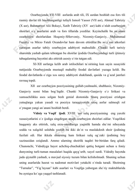 n oziqlandi. ammo ularning shoirlik taqdiri bir-biridan farq qiladi. chunonchi, vidodiyga hayot achchiq-chuchuklari qattiq botgani uchun u foniy dunyoning turli-tuman masalalari haqida qayg`urib, xayol surdi. vidodiy hayotda juda qiynalib yashadi, u mavjud siyosiy tuzum bilan kelisholmadi. shuning uchun uning asarlarida hasrat va nadomat motivlari yetakchi o`rinda turadi. shoirning “turnalar”, “yig`laysan” kabi asarlari va voqifga yuborgan she`riy maktublarida bu ayniqsa ko`zga yaqqol tashlanadi. mehnatkash oilada tug`ilib voyaga yetgan, o`z aql - idroki bilan vazirlik darajasiga ko`tarilgan mullo panoh o`g`li voqif ijodida esa asosan hayotbaxsh rux hukmiron edi. shoir hayot go`zalligini madh etib, inson shu dunyoda ham baxtli yashash mumkin deb, o`sha davrdan tushkinlik kayfiyatidagi sheriyatga qarshi bordi. mullo panoh voqif ozarbayjonning qozoq rayonidagi saloqli qishlog`ida tug`ilgan. yoshligida o`z davrining mashhur olimlaridan dars olgan. keyinchalik uning oilasi shusha shahriga ko`chib borgan. voqif bu yerda o`qituvchilik qilgan, tez orada uning mashhur shoir bilimdon va donishmand kishi ekanligi shusha xoni ibrohimbekka yetadi. uni saroyga …