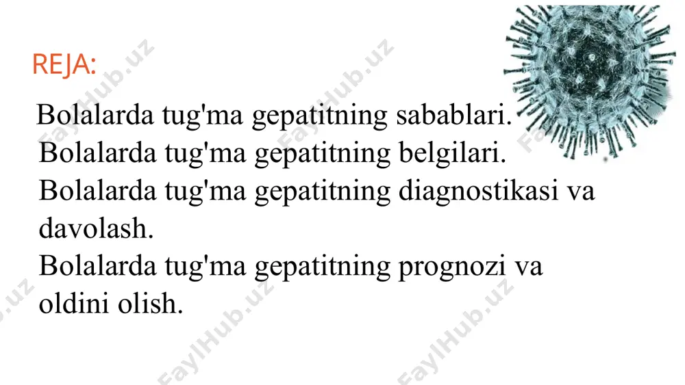 epatitning rivojlanishiga olib kelishi mumkin: mukovistsidoz, galaktozemiya, a1-antitripsin va tirozin etishmovchiligi. ko'pincha aniq etiologiyani aniqlash qiyin bo’ladi. bunday holda, idiopatik konjenital gepatit tashxisi qo'yiladi. tig’ma gepatitlarning sabablari tig’ma gepatitlarning sabablari bolalarda tug’ma gepatit infeksiyasining mexanizmi onadan bolaga virusli yoki yuqumli agentlarning transplasental (vertikal) o'tishiga yoki ularning amniotik suyuqlik bilan birga intranatal aspiratsiyasiga asoslangan. infektsiya chaqaloqning terisi va shilliq pardalarigan zararlangan tug'ruq yo’llari orqali yuqadi. prenatal davrda konjenital gepatitning rivojlanishi odatda uchinchi trimestrda sodir bo'ladi. homiladorlikning birinchi yarmida o'tkir gepatit b yoki c bilan bolani yuqtirish xavfi 10% gacha. birinchi va ikkinchi trimestrda torch infektsiyalarining homilaga ta'siri spontan abortga olib kelishi mumkin. bolalardagi tug’ma gepatitning patogenezi gepatotsitlardagi strukturaviy o'zgarishlardan tashqari (balon yoki vakuolyar degeneratsiya va boshqalar) xolestatik sindromga asoslanadi. uning asosiy morfologik ko'rinishi - sitoplazmaning o't pigmentlari bilan singishi va jigar ichida safro tromblari hosil bo'lishidir. shuningdek, bolalarda konjenital gepatit bilan safro yo'llarining jigardan tashqari qismlarining gipo- yoki aplaziyasi bo’lishi mumkin, …
