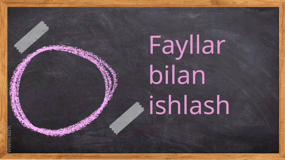 yakunlaymizki, agar fayl ochilmasa, tegishli xabar ko'rsatiladi slidesmania.com slidesmania.com fayllarni ochish rejimlari fayllarni ochish rejimlari fayllardan foydalanish xususiyatini belgilaydi. ios_base sinfida rejimni o'rnatish uchun fayllarni ochish rejimini belgilaydigan doimiylar mavjud o’zgarmas izohi ios_base::in faylni o’qish uchun ochish ios_base::out faylni yozish uchun ochish ios_base::ate ochilish bilan ko’rsatkichni fayl oxiriga o’tkazish ios_base::app faylning oxiriga yozish uchun ochish ios_base::trunc fayl ichidagilarni o’cherish, agar ular mavjud bo’lsa ios_base::binary faylni ikkilik rejimda ochish slidesmania.com misol ofstream fout("cppstudio.txt", ios_base::app); // faylni oxiriga ma’lumot qo’shish uchun ochish fout.open("cppstudio.txt", ios_base::app); // faylni oxiriga ma’lumot qo’shish uchun ochish getline va get metodlari //matndan satrni o’qish string s; getline(file,s); cout << s << endl; eof metodi faylning oxiriga yetganligini tekshiradi.