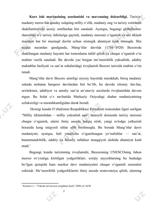 anadi. bu davrda shakllangan ijtimoiy-siyosiy muhit, diniy-ma’rifiy muassasalar, shahar madaniyati va hukmdorlarning madaniyatga bo‘lgan munosabati tadqiqotning asosiy diqqat markazida turadi. tadqiqot mavzusining predmeti.tadqiqotning predmeti — mang‘itlar davrida buxoroda vujudga kelgan me’moriy obidalar, adabiy ijod namunalari, san’at va amaliy hunarmandchilik turlari, shuningdek, ularning jamiyat hayotidagi o‘rni va tarixiy ahamiyatidir. bunga madrasa va masjidlar me’morchiligi, o‘zbek va fors tillarida yaratilgan adabiy asarlar, shoir va olimlar faoliyati, naqqoshlik, zargarlik, kulolchilik kabi san’at turlari kiradi. tadqiqotning usullari: tarixiylik, tizimlashtirish, qiyosiy, muammoviy xronologik hamda fanlararo yondashuv kabi ilmiy tadqiqot usullari hamda xolislik tamoyillaridan foydalanildi. tadqiqotning maqsadi — mang‘itlar davrida buxoroda shakllangan madaniy hayotni (me’morchilik, adabiyot va san’at) o‘rganish va uning tarixiy ahamiyatini aniqlash. tadqiqotning vazifalari quyidagilardan iborat: · mang‘itlar sulolasining buxoro amirligidagi siyosiy va ijtimoiy sharoitini o‘rganish. · mang‘itlar davrida buxoroda madaniy hayotning umumiy holatini tahlil qilish. · mang‘itlar davridagi adabiy jarayonlarni, shoirlar va yozuvchilar faoliyatini tahlil qilish. · san’at va amaliy hunarmandchilik (naqqoshlik, kulolchilik, …