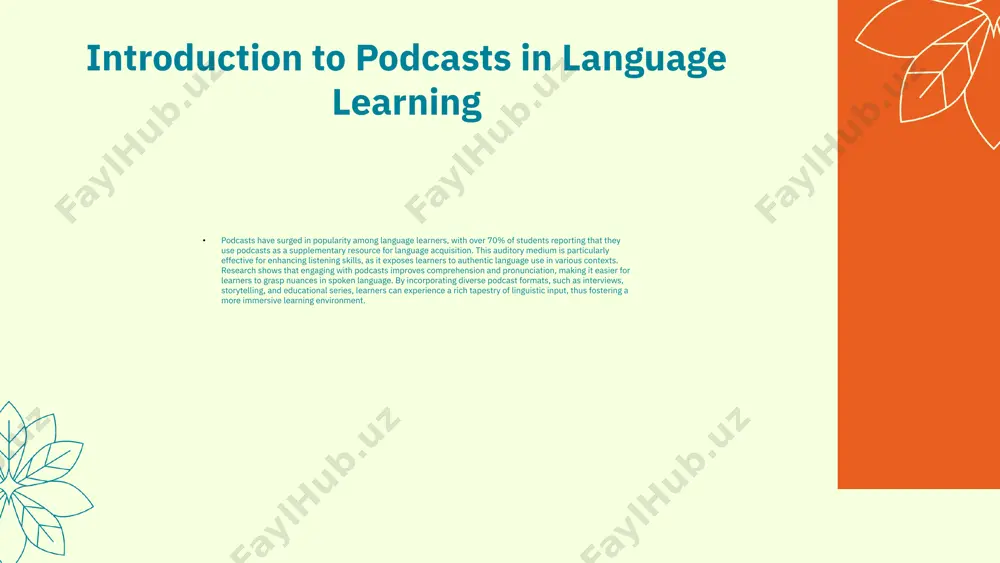 ly, form study groups with peers where you can discuss episodes after listening, fostering a collaborative learning environment. you can also use podcasts to supplement other learning resources, such as textbooks or online courses, enabling a richer understanding of the material. benefits of using podcasts podcasts offer a range of benefits for language learners. they provide authentic language input, exposing learners to diverse accents and colloquial expressions. furthermore, listening to podcasts can improve listening comprehension skills and vocabulary acquisition. by engaging with content that interests you, learning becomes more enjoyable and interactive. incorporating podcasts into your routine not only supports language acquisition but also helps in developing critical thinking skills through discussions and reflections on the content. what do we offer? promoting vocabulary acquisition definition of vocabulary acquisition: vocabulary acquisition refers to the process through which individuals learn and retain new words and their meanings, crucial for effective communication and …