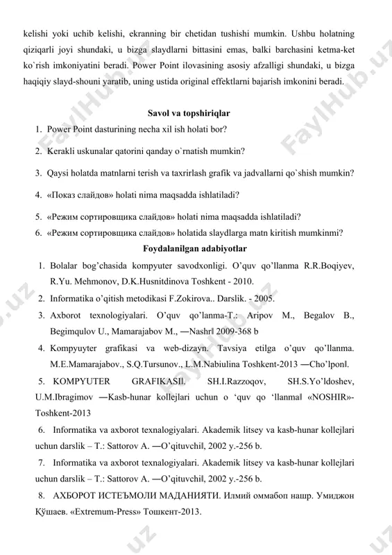 grafikasi‖. sh.i.razzoqov, sh.s.yo’ldoshev, u.m.ibragimov ―kasb-hunar kollejlari uchun о ‘quv qo ‘llanma‖ «noshir»-toshkent-2013 6. informatika va axborot texnalogiyalari. akademik litsey va kasb-hunar kollejlari uchun darslik – t.: sattorov a. ―o’qituvchi‖, 2002 y.-256 b. 7. informatika va axborot texnalogiyalari. akademik litsey va kasb-hunar kollejlari uchun darslik – t.: sattorov a. ―o’qituvchi‖, 2002 y.-256 b. 8. ахборот истеъмоли маданияти. илмий оммабоп нашр. умиджон қўшаев. «extremum-press» тошкент-2013. uyga vazifa 1. mavzuni o’zlashtirish, mavzu bo’yicha mustaqil ish va qo’shimcha ma’lumotlar to’plash. baxolash mezoni 1.1-ilova t/r baho 1. davlat ta’lim standartlaridan kelib chikib, darslarda 95% gacha qatnashgan, ma’ruza matnini yozgan, o`quv qurollari to`la bo`lgan, adabiyotlardan foydalanishni bilgan. 3 2. undan tashqari, o`quv ko`rgazmali qurollardan foydalana oladigan, olgan bilimlarini xalq xo`jaligidagi o`rnini to`g`ri tushungan, mustaqil fikrlash, olgan bilimlarini tushuntirib bera oladigan. 4 3. undan tashqari, olgan bilimlarini ishlab chiqarishda ko`llay oladigan, ushbu fanni boshqa fanlar bilan bog`lay oladigan, mustaqil ish va vazifalarni to`liq bajargan va yangilik kiritishga …
