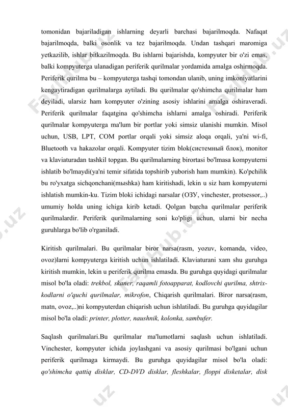 umotlar. klaviaturalar va ularning turlari. klaviatura va sichqoncha bilan ishlash ko'nikmalari. kurs ishning tadqiqot uslubi va uslubiyoti: ilmiy ommabop manbalardan to’plangan ma’lumotlar tahlil qilib,xulosa va takliflar qilish. kurs ishi tuzilishi: bajarilgan kurs ishi kirish qismi, ikkita bobdan va qilingan xulosalardan iborat. ishda o’rganilishi e’tiborga olingan ma’lumotlar tushunarli ravishda ifodalash uchun chizma jadvallar va rasmlar berildi.ishga qo’yilgan maqsadga erishishi uchun to’plangan adabiyotlar manbalarning nomlari keltirildi. 1.1.klaviatura va ularning turlari haqida umumiy ma’lumot klaviatura - bu kompyuter foydalanuvchisi belgi yoki funksiya bilan belgilangan tugmalar yordamida operatsion tizimga ma'lumot yoki ma'lumotlarni kiritishi mumkin bo'lgan qurilma. aynan mana shu kiritish moslamasi orqali kompyuterga kerakli ma'lumotlarni markaziy kompyuter blokiga kiritish mumkin, shuningdek, foydalaniladigan dasturlarga muvofiq qayta ishlanishi kerak bo'lgan ma'lumotlarni yoki ma'lumotlarni kiritish imkonini beradi. klaviaturaning asosiy turlari. · multimedia klaviaturalari · moslashuvchan klaviaturalar · ergonomik klaviaturalar · geymer klaviaturalari · virtual klaviaturalar · mexanik klaviaturalar · membranli klaviaturalar harflarning joylashuvi bo'yicha klaviaturalar · qwerty …