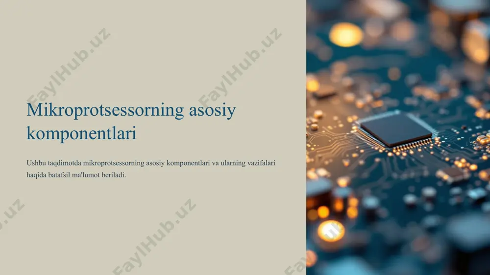 umotlar avtobusi orqali amalga oshiriladi. 13 mikroprotsessor xotirasi sektorlari rom (o'qiladigan xotira) mikroprotsessorning boshlang'ich yuklash kodi va dasturiy ta'minotning asosiy qismlari saqlanadi. o'zgartirib bo'lmaydi. ram (tasavvur xotira) joriy ishlayotgan dasturlar va ma'lumotlar saqlanadi. mikroprotsessor tomonidan tezkor kirish imkoniyatiga ega. kesh xotira ramga nisbatan tezroq kirish uchun tezkor xotira bufferi bo'lib xizmat qiladi. mikroprotsessor tez-tez ishlatiladigan ma'lumotlarni saqlaydi. 14 mikroprotsessor xotirasi tizimi 1 ichki xotira mikroprotsessorning ichki xotirasi tezkor va kichik hajmli bo'lib, u ma'lumotlarni va ko'rsatmalarni saqlash uchun ishlatiladi. bu xotira tizimining asosiy qismi hisoblanadi. 2 tashqi xotira tashqi xotira ichki xotiradan kattaroq va sekinroqdir. u ma'lumotlarni saqlash uchun ishlatiladi va disklarda, flesh xotiralarda yoki boshqa tashqi qurilmalarda joylashtirilishi mumkin. 3 kesh xotira kesh xotira tezkor va kichik hajmli xotira bo'lib, u ichki xotira va tashqi xotira o'rtasida ko'prik vazifasini bajaradi. bu tezkor xotirani tezroq qiladi va tashqi xotiraning ishlashini yaxshilaydi. 15 mikroprotsessor qurilmalarining tashqi interfeyslari 1 tashqi qurilmalar bilan …
