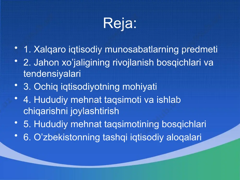 iyosat olib borishni taqozo qiladi. endilikda mod rivojlanishning yangicha poydevorini quymoqdalar. jumladan, birinchidan xalq xo’jaligining ko’p sohalarini rivojlantirishda umumiylik (bir-biriga bog`liqlik) asos qilib olinmoqda. sanoatni, agrosanoat majmuini, xalqaro transport kommunikatsiyasini yaratish va transport aloqalarini rivojlantirishda rejalashtirish ishlari umumiy asosda tashkil qilinmoqda. orol dengizining taqdiri regionda vujudga kelgan keskin vaziyatni barqarorlashtirish ham modda umumiylik asosida o’z yechimini topmoqda. modning bir-birlari bilan yaqin qo’shnichilik, qon-qarindoshlikka tayangan diplomatik munosabatlar o’rnatish, iqtisodiy, savdo-sotiq, texnikaviy, madaniy aloqalarni yo’lga qo’yish, yirik sanoat va yo’l qurilishlarini amalga oshirishdagi hamkorligi davrimiz taqozosiga aylangan. ikkinchidan esa, markaziy osiyo davlatlarining jahonning rivojlangan mamlakatlari bilan bevosita aloqa o’rnatish, ularning texnika vositalaridan, ishbilarmon mutaxassis kadrlaridan foydalanish modda iqtisodiyotni rivojlantirishning yangi asoslarga qurilgan muhim poydevordir. markaziy osiyo hamkorligi tashkiloti davlatlararo mintaqaviy iqtisodiy tashkilot. 1993 y. iyul oyida o`zbekiston respublikasi bilan qozog`iston respublikasi o`rtasida 1994—2000 y.larda iqtisodiy integratsiyani chuqurlashtirish to`g`risida bitim imzolandi. integratsiya jarayonlariga sharoitlar yaratish maqsadlarida 1994 y. 10 yanvarda o`zbekiston va qozog`iston …