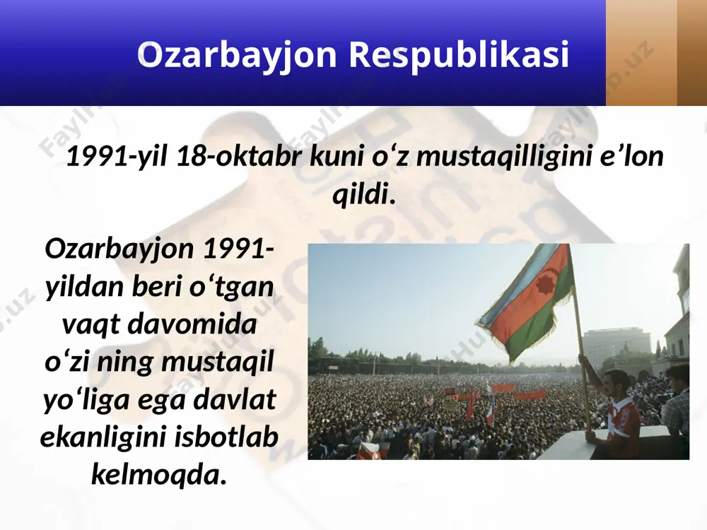 kazilgan parlament saylovlaridan so‘ng e.shevardnadze iste’foga chiqqanligini e’lon qildi. yangi saylovlarda mixail saakashvili g‘olib chiqdi. mixail saakashvili 2012-yili bo‘lib o‘tgan parlament saylovlarida muxolifatchi «gruziya orzusi» partiyasi g‘olib chiqdi. shu partiya vakili georgiy margvelashvili gruziya prezidenti etib saylandi. georgiy margvelashvili armaniston. 1991-yil 21-sentabrda armanistonda respublika maqomi bo‘yicha referendum o‘tkazildi. unda qatnashganlarning mutlaq ko‘pchiligi armanistonning sssr tarkibidan chiqishi uchun ovoz berdi. 1991 yil «armanistonning davlat mustaqilligi to‘g‘risida deklaratsiya» qabul qilindi. 1991-yil oktabrda bo‘lib o‘tgan saylovlarda levon ter-petrosyan armanistonning birinchi prezidenti etib saylandi. levon ter-petrosyan rossiya armanistonning mintaqadagi yagona ittifoqchisi bo‘lib qolmoqda. 2008-yili armaniston prezidenti etib saylangan serj sargsyan shu siyosatni ustalik bilan davom ettirib kelmoqda. serj sargsyan armaniston – industrial-agrar mamlakat. uning yerosti qazilma boyliklari ancha katta miqdorni tashkil qiladi. sintetik kauchuk, to‘qimachilik, oziq-ovqat sanoati, qurilish materiallari ishlab chiqarish va mashinasozlik rivojlangan. savol va topshiriqlar 1. ozarbayjonda a.elchibey boshchiligidagi milliy mudofaa kengashining millatchilik chiqishlari qanday oqibatlarga olib keldi? 2. g. aliyev prezident …