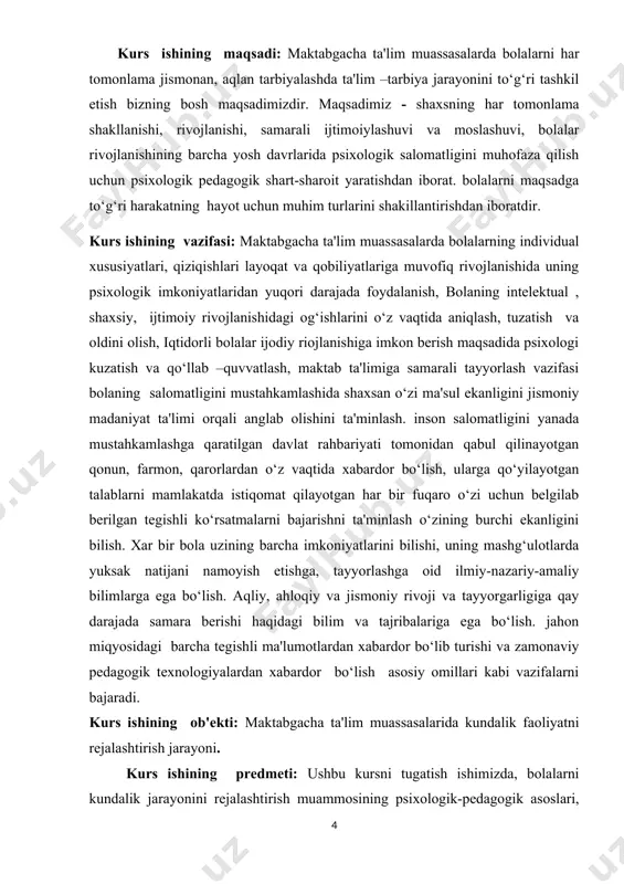 gatish ishimizni tayyorlashda quyidagi metodlardan foydalandik: 1) tegishli ilmiy, uslubiy adabiyotlarni o‘rganish; 2) kuzatish, suhbat, savol javob; 3) maktabgacha ta'lim muassasalarida kundalik mashg‘ulotlar ishlanmasini tayyorlash. kurs ishining tuzilmasi: kursni tugatish ishi kirish, asosiy qism boblari, birinchi bob ikkita bo‘lim, ikkinchi bob amaliy qism bo‘lib, unda ikkita bo‘lim, xulosa, foydalanilgan adabiyotlar ro‘yxatidan iborat. i–bob. maktabgacha ta'lim muassasalarida kundalik faoliyatni rejalashtirishning nazariy asoslari 1.1. maktabgacha ta'lim muassasasi tarbiyachilarining ish hujjatlari o‘zbekiston respublikasi maktabgacha ta'limi vazirligining “maktabgacha ta'lim muassasalarining ish hujjatlari to‘g‘risida”gi 30 avgust 2019 yil 155-sonli buyrug‘i · tarbiyachining hujjatlari: · shaxsiy reja; · bolalar davomati; · ota-onalar haqida ma'lumot · rivojlanish xaritasi · pedagoglarining o‘zaro hamkorlik rejasi; 2. tarbiyachining ta'lim - tarbiyaviy ish rejasining shakli tarbiyachi oylik ta'lim-tarbiya ish rejasini tuzadi va metodistga tasdiqlash uchun beradi. oylik ish reja daftari quyidagicha to‘ldiriladi: · ish rejaning titul varag‘i; · tasdiqlangan xaftalik mashg‘ulotlar jadvali; · bir oylik mashg‘ulotlarning istiqbol rejasi; · har 15 …