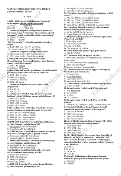o`zbekistonning eng yangi tarixi fanidan yakuniy nazorat testlari — DOCX