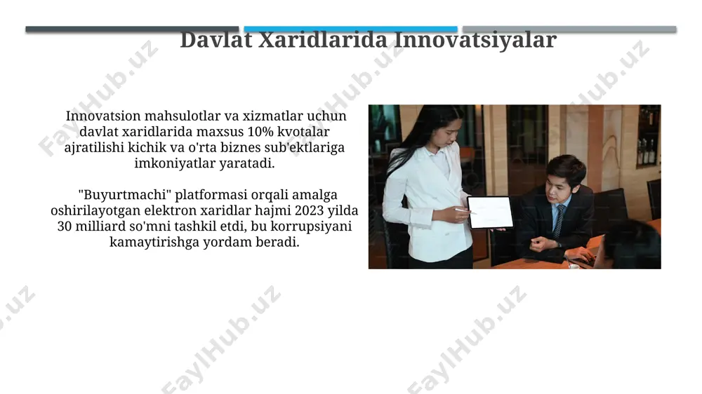 kun talab etiladi, bu esa kichik biznes uchun qo'shimcha xarajatlar va vaqt yo'qotishini keltirib chiqaradi. kichik va o'rta biznes sub'ektlarining davlat xaridlarida ishtirok etish darajasi past, atigi 10% atrofida. bu esa raqobatning pasayishiga va narxlarning ortishiga olib keladi, shu bilan birga innovatsiyalarni rivojlanishiga ham to'sqinlik qiladi. buyurtmachilar va qatnashchilar buyurtmachilar, davlat tashkilotlari va mahalliy hokimiyat organlari boʻlib, yillik xarid hajmi oʻrtacha 200 milliard funt sterlingni tashkil etadi va tender jarayonlarida shaffoflikni taʼminlashga majbur. buyurtmachilar elektron tender platformalaridan foydalanib, ochiqlik va raqobatni oshirishga harakat qilishadi, bu esa qatnashchilarga 1000 dan ortiq turdagi tovarlar va xizmatlar bo'yicha takliflar taqdim etish imkoniyatini beradi. qonunchilik bazasi va me'yorlar buyurtmalar to'g'risidagi qonun 2015-yilda qabul qilingan bo'lib, davlat xaridlarida raqobatni oshirish va shaffoflikni ta'minlashga qaratilgan 100 dan ortiq moddadan iborat. davlat xaridlari bo'yicha elektron savdo platformalari 2017-yildan beri faol qo'llanilmoqda, bu jarayonlarni tezlashtirish va byudjet mablag'larini tejashga yordam beradi, 20% ga yaqin tejash kuzatilgan. elektron xaridlar …