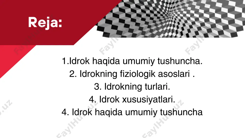 lar, tuzatishlar kiritadi diqqat idrokning faolligini oshiradi va idrokning mukammal, raso va ravshan bo'lishiga xizmat qiladi. diqqat, faollik darajasiga qarab, ixtiyorsiz va ixtiyoriy bo'lmog'i mumkin, shu sababli idrok ham ixtiyorsiz va ixtiyoriy bo ‘lmog‘i mumkin muayyan bir obyektni oldindan maqsad qilib olmasdan va maxsus tanlanmasdan, kuch sarf etmasdan idrok qilish jarayoni ixtiyorsiz idrok deb ataladi. oldin belgilangan maqsadga qarab muayyan bir obyektni idrok qilishni ixtiyoriy idrok deb ataladi. kishining rejali, tizimli va davomli ixtiyoriy idrok qilish qobiliyatini kuzatuvchanlik deyiladi. akademik i.p.pavlov kuzatuvchanlikning ilmiy bilimdagi ahamiyatiga yuksak baho bergan. u sankt-peterburg yaqinidagi pavlova shahridagi fiziologiya institutining oldi tomoniga “kuzatuvchanlik, kuzatuvchanlik va yana kuzatuvchanlik” deb yozdirib qo‘ygan idrok xususiyatlari appersepsiya – idrok jarayonini shaxsning oldingi bilimlari, shaxsiy va ijtimoiy tajribalari, qiziqishlari, motivasiyasi, ehtiyojlari va odatlari, umuman ruhiy hayotining barcha mazmuni bilan belgilanishidir. idrokning konstantligi deganda, biz idrok qilishdan ongimizda hosil bo‘lgan obrazning real voqelikdagi bizga ta’sir etib turgan narsaning tabiiy holatiga har …