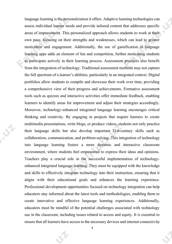 to language education. the aim the theme: the aim of exploring technology-enhanced integrated language learning is to investigate how digital tools and resources can significantly improve the effectiveness and engagement of language education by enhancing communication skills, promoting collaborative learning, and personalizing learning experiences. this approach seeks to leverage various multimedia tools to provide diverse input, allowing students to practice speaking, listening, reading, and writing in real-life contexts. it also aims to foster critical thinking and creativity by encouraging learners to engage in projects that require the application of language skills in innovative ways. the scientific novelty course work: the aim of exploring technology-enhanced integrated language learning is to investigate how digital tools and resources can significantly improve the effectiveness and engagement of language education by enhancing communication skills, promoting collaborative learning, and personalizing learning experiences. this approach seeks to leverage various multimedia tools to provide diverse input, allowing students …