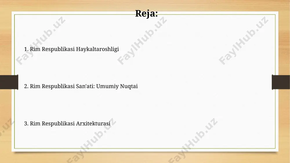va qadah-qozonlar, ko'pincha qizil rangli terra sigillata texnologiyasidan foydalanib tayyorlangan va turli xil bezaklar bilan bezatilgan. suv quvurlari “suv quvurlari” rim respublikasida suv ta’minoti tizimining muhim qismini tashkil qilib, shaharlarga 11 dan ortiq suv oqimlarini yetkazib bergan. “suv quvurlari”ning qurilishi davrida taxminan 300 mingdan ortiq qul va hunarmandlar ishtirok etgan bo'lib, bu ulkan inshootlarning miqyosini ko'rsatadi. freskalar pompeida topilgan freskalarning 80% dan ortig'i, ii asrga oid bo'lib, mitologik mavzularda va jonli ranglardagi portretlarni aks ettiradi. villae rusticae (qishloq villalari) devorlaridagi freskalar, 20 dan ortiq xonani bezab, kundalik hayot va tabiat manzaralarini tasvirlagan. zargarlik buyumlari ba’zi zargarlik buyumlari, ayniqsa fibula va uzuklar, 1-asrda yashab o‘tgan boy rim fuqarolarining yuqori mavqei va ijtimoiy holatini aks ettiruvchi murakkab geometrik naqshlar bilan bezatilgan. rim respublikasida ishlab chiqarilgan zargarlik buyumlari, ko‘pincha 10 dan 25 karatgacha bo‘lgan oltin va turli rangdagi qimmatbaho toshlardan, masalan, marjon va zumraddan foydalanilgan. portret haykaltaroshligi ko'plab haykallar, masalan, "tog'li bruti" kabi, …