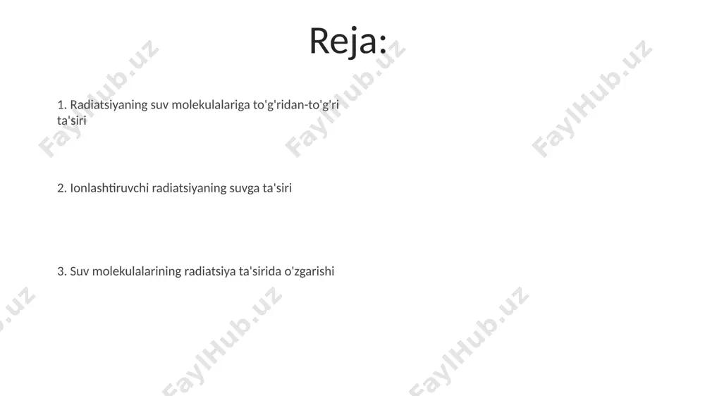 lanishi natijasida vujudga keladigan erkin radikallar, masalan, gidroksil radikallari (•oh), hujayralar membranalariga 5-10 nanometr masofada shikast yetkazishi va dnkning buzilishiga olib kelishi mumkin, bu esa, ayniqsa, yaponiyaning hirosima shahrida kuzatilgan. suvning radioliz jarayonida hosil bo'lgan vodorod peroksid (h 2 o 2 ) kabi oksidlovchi moddalar 20-30% miqdorida hujayra ichidagi fermentlarning faolligini susaytiradi va bu esa chelyabinsk viloyatidagi radiatsiya ta'siridan aziyat chekkan odamlarda kuzatilgan sog'liq muammolariga olib kelishi mumkin. nurlanish dozasi va ta'sir darajasi suvning nurlanishga chidamliligi uning tarkibidagi erigan moddalarga bog'liq; masalan, 50 gy dozasi dengiz suvida 10 mg/l tuz miqdori bilan taqqoslaganda, distillangan suvda ancha yuqori darajada ta'sir ko'rsatadi. 1 mev energiyali gamma-nurlanish samarqandda o'tkazilgan sinovlarda 20 gy dozani qabul qilgan suvning ph darajasi 7 dan 6.5 ga kamayganini ko'rsatdi, bu kislotalilikning ortishini bildiradi. ionlashtiruvchi nurlanishning ta'siri yuqori energiyali ionlashtiruvchi nurlanish, masalan, 5 mev protonlar, suv molekulalarining gidrolizlanishiga olib kelishi mumkin, bu esa 10⁻⁶ mol/l konsentrasiyada gidroniy (h₃o⁺) va …