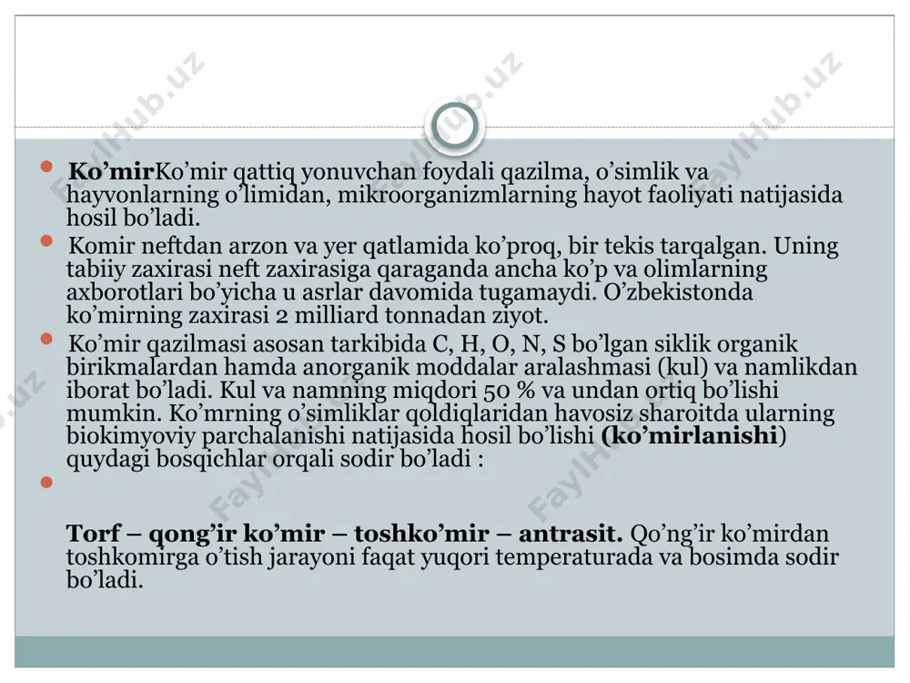 iy gazning zaxirasi juda katta. birgina o’zbekistondagi tabiiy gaz zaxirasi 2 trilion m3 dan ortiqdir. tabiiy gazlar - metan qatoridagi uglevodorodlar bilan uglerodlari bo’lmagan komponentlarning aralashmasi. yer po’stining cho’kindi qatlamlari orasida erkin to’plamlar tarzida, shuningdek erigan (neft va suvlar tarkibida), tarqoq (jinslarga so’rilgan holda) va qattiq (uglevodorod gazlarining gidratlari) holatlarida uchraydi. tabiiy gazlarning asosiy komponenti metandir (98% gacha), undan tashqari etan, propan, butan, izobutan va penten ham kiradi. yaxshi yonilg’i. 1978 – yildagi ma’lumotlarga ko’ra jaxondagi tabiiy gaz zaxirasi 70 trillion m3 dan ziyod. shunday qonuniyat mavjudki : uglevodorodlarning nisbiy molekulyar massasi qancha katta bo’lsa, u tabiiy gaz tarkibida shuncha kam bo’ladi. tabiiy gaz yonganda juda ko’p issiqlik ajralib chiqqanligi uchun turmushda, bug’ qozonlarida, domna, marten shisha pishirish pechlarida ishlatiladi. tabiiy gaz kimyo sanoati uchun xomashyo manbai bo’lib, undan asetilen, etilen, vodorod, qurum, sirka kislotasi, bo’yoqlar, plastmassalar, dorivor moddalar va boshqa turli mahsulotlar olinadi. image3.jpeg image4.jpeg image5.jpeg /docprops/thumbnail.jpeg
