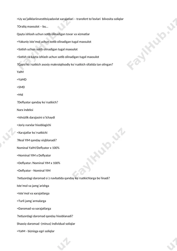 ch mamlakatning import va eksport operatsiyalari bo’yicha xarajatlar o’rtasidagi farq =import va eksportning yig'indisi =eksport tovarlar =eksport operatsiyalari ?tasarrufdagi daromaddagi iste’mol xarajatlarining ulushi nima deb ataladi? iste’molga o’rtacha moyillik =iste’molga cheklangan moyillik =istemol ulushi =xarajatlar ulushi ?agar milliy daromaddan korporatsiya foydasiga soliqni, taqsimlanmaydigan foydani va ijtimoiy sug’urta to’lovlarini chegirsak, so’ngra sof transfert to’lovlarini qo’shsak, hosil bo’lgan miqdor bu… shaxsiy daromad =amortizatsiya =yalpi milliy mahsulot =sof milliy mahsulot ?yalpi milliy daromad – qanday qiymat? mamlakat rezidentlari tomonidan mamlakatda va mamlakat tashqarisida ishlab chiqarishda ishtirok etish va mulkdan olgan boshlang’ich daromadlari yig’indisidir =milliy xo’jaliklarida bir yil davomida vujudga keltirilgan tayyor pirovard mahsulot va xizmatlarning bozor narxidagi qiymati =mamlakat rezidentlari tomonidan mamlakat ichkarisida ishlab chiqarishda ishtirok etish va mulkdan olgan boshlang’ich daromadlari yig’indisidir =jahon xo’jaliklarida bir yil davomida vujudga keltirilgan ishlab chiqaruvchilarga etib borishi mumkin bo’lgan tayyor pirovard mahsulot va xizmatlarning bozor narxidagi qiymati ?yalpi milliy daromad nimaga teng? yamd=yaim (plus) mamlakat rezidentlari …