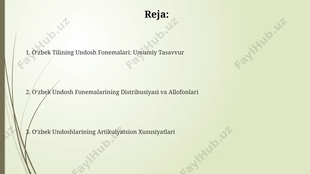 masalan, "g" tovushining talaffuzi. o'zbekcha so'zlarda undosh fonemalarning bir-biriga qo'shilishida 3 xil o'zgarish – assimilyatsiya, dissimilyatsiya va akkomodatsiya hodisalari kuzatiladi, masalan, “qishloq” so'zida assimilyatsiya kuzatiladi. e'tiboringiz uchun rahmat @taqdimot_robot
