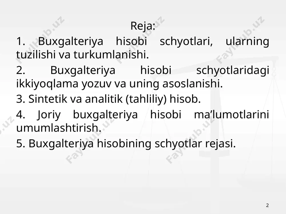 (p) vaqtinchalik schyotlar tranzit schyotlar (t) balansdan tashqari schyotlar (bt) 2. ko‘rsatkichlarni aks ettirilishiga ko‘ra sintetik schyotlar analitik schyotlar 3. balansda aks ettirilishiga ko‘ra balans schyotlari balansdan tashqari schyotlar (bt) 4. tayinlanish– mo‘ljaliga ko‘ra asosiy schyotlar aktiv schyot (a) passiv schyot (p) tartibga soluvchi schyotlar kontr-aktiv (ka) kontr-passiv (kp) to‘ldiruvchi schyotlar taqsimlovchi schyotlar yig‘ib taqsimlovchi hisobot davrlari bo‘yicha taqsimlovchi kalkulyatsiya schyotlari taqqoslovchi schyotlar buxgalteriya hisobi schyotlarining turkumlanishi 7 doimiy schyotlar - bu hisobot davri oxiriga saldoga ega bo‘lib, buxgalteriya balansida aks ettiriladigan aktivlar, majburiyatlar, sarmoyalar schyotlaridir. aktiv schyot (a) - bu aktivlarni aks ettirishga mo‘ljallangan schyot bo‘lib, unda iqtisodiy resurslarning qoldig‘i va ko‘payishi schyotning debetida, kamayish esa kredit bo‘yicha aks ettiriladi. debet aktiv schyot kredit boshlang‘ich saldo (sb) mablag‘larning ko‘payishi mablag‘larning kamayishi (do) debet oborot (ko) kredit oborot oxirgi saldo (so) schyotdagi oxirgi qoldiq yoki saldo quyidagi formula orqali topiladi: so = sb + do – ko 8 passiv schyot …