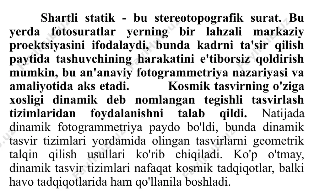 ogiyasini belgilaydi, samaradorlikka sezilarli ta'sir qiladi, fotogrammetrik konstruktsiyalarning aniqligi va ularni ta'minlash bo'yicha dala ishlari ko'lami. aerosyomka maxsus jihozlangan uchish uskunalarida topografik -geodezik yoki yerni boshqarish xizmatlarining ixtisoslashtirilgan bo'linmalari tomonidan amalga oshiriladi. 2. aerofotoapparatlar aerofotosuratlarni olishning asosiy vositasi-bu yuqori aniqlikdagi optik-mexanik va elektron qurilma-aerokamera (afa). afada fokuslovchi qurilmalar yo'q, chunki suratga olish balandligi har doim giperfokal masofadan katta (1.6). zamonaviy afa turlari va dizaynlari har xil, lekin ularning hammasida bitta asosiy diagramma mavjud. ularning asosiy birliklari korpus, konus, kaset va buyruq qurilmasi (1.1-rasm). afa tanasi (1) kameraning barcha qismlarining ishlashini ta'minlaydigan mexanizmlarni joylashtirish uchun ishlatiladi - kadr taymer, soat, sath, fokus uzunligining raqamli indeksi va boshqalar. tananing yuqori qismida qo'llaniladigan ramka, uning tekisligi linzalarning asosiy fokus tekisligiga to'g'ri keladi. afa konusi (2) tananing pastki qismiga biriktirilgan va optik tizimni o'z ichiga oladi, unga linzalar, yorug'lik filtrlari, tasvirni almashtirish kompensatori va boshqalar kiradi. 1.1-rasm. aerokameraning sxematik tasviri kasseta (3) fotografik plyonkani …