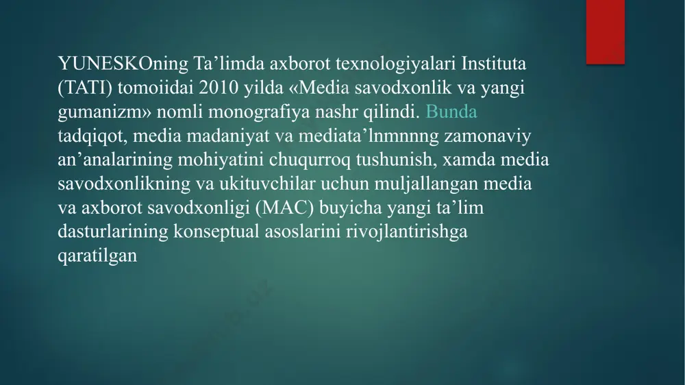 likni taqdim etadigan, ya'ni inson va kompyuter o‘rtasida komandalar va javoblar almashinuvini ta'minlab, dialog muhitini yaratadigan dasturiy mahsulot. ikkinchidan, turli video va audio effektlar ishlatiladigan muhit. u tomoshabinga o‘zicha u yoki bu ssenariyni tanlash imkonini beruvchi videofilmni juda eslatadi. multimedia mahsuloti – tarkibiga musiqa taralishi, videokliplar, animatsiya, kartinalar va slaydlar galereyasi, turli ma'lumotlar bazalari va boshqalar kirishi mumkin bo‘lgan interfaol, kompyuterda ishlangan mahsulot. multimedia mahsulotlarini quyidagilarga bo‘lish mumkin: - ensiklopediyalar; - o‘rgatuvchi dasturlar; - ongni rivojlantiruvchi dasturlar; - bolalar uchun dasturlar; - o‘yinlar. so‘nggi yillarda multimedia mahsulotlari keng xaridorlar olishi mumkin bo‘lgan darajaga keldi. ularning ishlatilishi har doim ham bir xil emas. turli multimedia jihozlarini sotib olishda quyidagi ko‘rsatkichlarga ahamiyat berish kerak: - berilayotgan materialning sifati va ishonchliligi; - berilayotgan grafik materialning sifati; - ovoz jo‘rligi (matn, musiqiy bezak va b.); - videomaterial mavjudligi va ularning sifati; - interfaollik imkoniyatlari (turli yo‘nalishlarda ko‘rish, materialni chuqur o‘rganish, chop etish imkoniyati va …