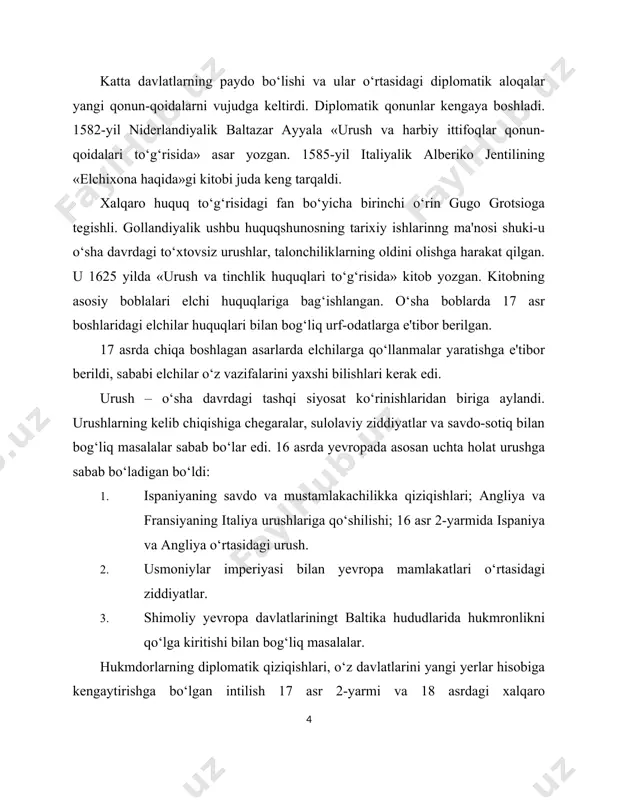 ydi. bularning barchasi 18 asrdagi uchta yirik janglarda («ispaniya vorisligi uchun kurash»-1701-1714; shimoliy-1700-1721; avstriya merosi uchun kurash-1740-1748), angliya, fransiya, rossiya, avstriya va prussiya kabi buyuk davlatlarning ispaniya, portugalii, daniya, gollandiya, shvetsiya kabi davlatlardan ilgarilab ketishida ko‘rinadi.aynan birinchi besh davlat jahon xalqaro munosabatlar tizimini 18 asr o‘rtalaridan buyuk fransuz inqilobiga qadar bo‘lgan davrda aniqlashtirgan. usmoniylar imperiyasi (sharq) masalasi-xalqaro maydondagi yirik muammoga aylandi. mana shu davrdagi xalqaro munosabatlarda yevropa davlatlari va usmoniylar imperiyasi o‘rtasidagi munosabatlar muhim o‘rin tutadi. 17-18 asrlarda yevropa mamlakatlarining xalqaro munosabatlar geografiyasi kengayganligi ko‘zga tashlanadi. ular yevropani markaz sifatida qolshiga harakat qilishdi, xalqaro munosabatlar alohida hududlarni-yangi dunyo (amerika), uzoq sharq (xitoy, yaponiya), afrikaning g‘arbiy va sharqiy qirg‘oqlarini qamrab oldi. xalqaro munosabatlarnig yangi davrida mustamlakachilik muammoasi (xom ashe va bozorlarga ega bo‘lish) asosiy muammoga aylandi. mustamlakachilik muammosi 17-18 asrlardagi xalqaro munosabatlarning muhim jihati bo‘lib qoldi. «eski» mustamlakachi davlatlar ispaniya va portugaliyaga qarshi «yosh» mustamlakachilar gollandiya va angliya raqib bo‘lishdi, fransiya …