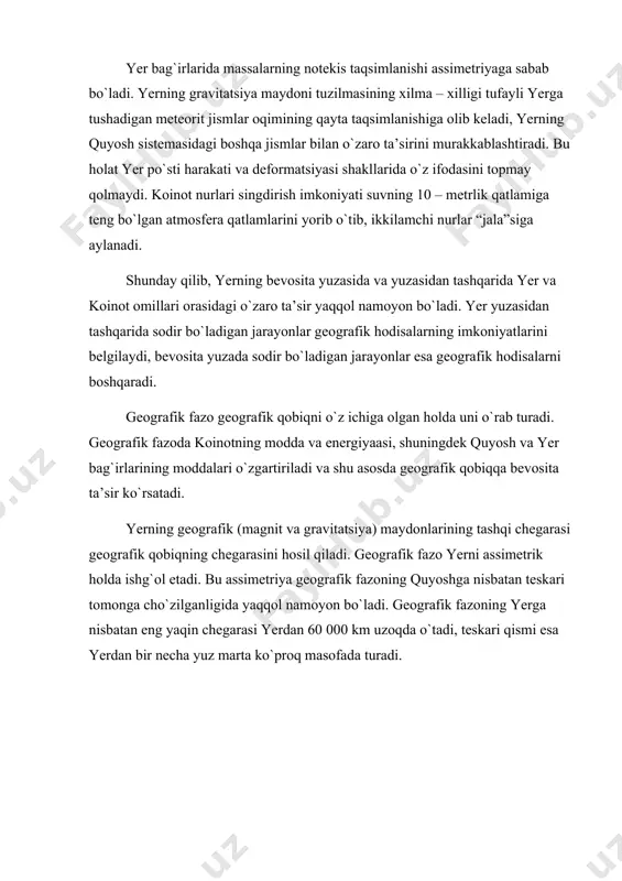 tlik oblasti, 8 – neytral tekislik, 9 – ichki (proton) radiatsiya mintaqasi, 10 - yuqori radiatsiyaning yer atrofi oblasti, 11 – eng tashqi radiatsiya mintaqasi. geografik fazoning tashqi chegarasi magnitosferaning chegarasidan iborat. quyosh shamoli geomagnit maydoni bilan o`zaro ta’sirda bo`lib, geografik qobiqda o`ziga xos hodisalarni vujudga keltiradi. magnitosfera geografik qobiqni quyosh shamolining zaryadlangan zarralari (plazma)ning oqimidan va koinot zarralaridan asraydi. bu zarralar magnitosferaning magnit chiziqlari bo`ylab yerning magnit qutblariga yo`naladi. juda uzoqdan keladigan bu nurlar va zarralar qutbiy yog`dular, magnit bo`ronlari, havoning jonlashuvi, atmosfera kislorodi va azotning molekula holatdan atom holatiga o`tishi kabi ko`plab hodisalarga sabab bo`ladi. quyosh dog`lari paydo bo`lishining siklligi yerdagi havo massalari sirkulyatsiyasi sajiyasiga ta’sir ko`rsatadi. koinot zarralari geografik qobiqqa qisman kirib keladi va organizmlarning rivojlanishiga muhim ta’sir ko`rsatadi. ultrabinafsha radiatsiya geografik qobiq va uning organizmlarining ichki himoyasi bo`lgan ozon qatlamida tutib qolinadi. uzun to`lqinli radiatsiya (“yorug`lik nurlari”) geografik qobiqqa erkin kirib keladi va fotosentez jarayonini amalga …