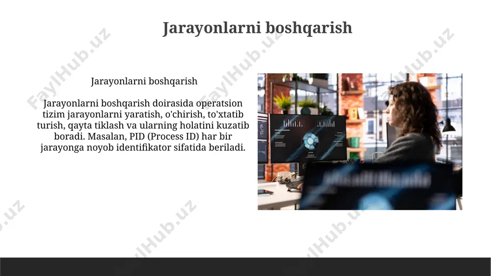 tiq turli xil dasturiy ta'minot versiyalarini bir vaqtning o'zida ishlatishga yordam beradi. operatsion tizimlarning umumiy xususiyatlari xotira boshqaruvi: operatsion tizim xotirani 2 xil usulda (virtual va jismoniy) boshqaradi, har bir jarayonga 2^32 bayt yoki undan ko'proq xotira ajratadi, ma'lumotlar va dasturlarning samarali saqlanishini ta'minlaydi. fayl tizimi: os fayllarni ierarxik tuzilmada tashkil etadi, fat32, ntfs kabi turli formatlarni qo'llab-quvvatlaydi, 2 tb dan ortiq hajmdagi disklar bilan ishlashni ta'minlaydi va ma'lumotlarga oson kirishni osonlashtiradi. xatolarni boshqarish xabar operatsion tizimlari xatolarni boshqarishda 1-qadam sifatida xatoliklar detektorini qo'llaydi, bu esa xatolarni aniqlashda muhim rol o'ynaydi. keyin esa 2-bosqichda xatoliklar qayd etiladi. e'tiboringiz uchun rahmat @taqdimot_robot image1.jpg image2.jpg image3.jpg image4.jpg image5.jpg image6.jpg image7.jpg image8.jpg image9.jpg image10.jpg image11.jpg image12.jpg