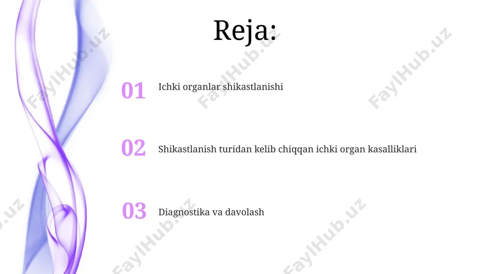 va perforatsiyasini aniqlash imkonini beradi. ko'krak qafasi jarohatlarida 80% hollarda rentgenografiya, kompyuter tomografiyasi (kt) va magnit-rezonans tomografiyasi (mrt) yordamida o'pka, yurak va qon tomirlarining shikastlanish darajasini aniqlash mumkin. ichki organlar shikastlanishiga umumiy nuqtai ichki qon ketishlar shikastlanishning 25-40% hollarda uchrab, bemorning hayotiga jiddiy tahdid soladi va shoshilinch jarrohlik aralashuvini talab qiladi. ko'krak va qorin bo'shlig'idagi organlar shikastlanishlarning 70% dan ko'prog'ini tashkil etadi, bu esa diagnostika va davolashning murakkabligini ko'rsatadi. qorin boʻshligʻi jarohatlari va ichki organlar shikastlanishi o'tkir qorin sindromi diagnostikasi da qorin bo'shlig'i jarohatlarida 10-15% hollarda diagnostik xatoliklar uchraydi, bu esa o'z vaqtida tibbiy yordam ko'rsatilishini kechiktirishi mumkin. gipovolemiya, taxminan 2000 ml dan ortiq qon yo'qotish bilan kechadigan qorin bo'shlig'i jarohatlarining og'ir asoratlaridan biri bo'lib, shok holatini rivojlanishiga olib kelishi mumkin. e'tiboringiz uchun rahmat @taqdimot_robot image4.jpg image5.jpg image6.jpg image7.jpg image8.jpg image9.jpg image10.jpg image1.jpeg image2.jpeg image3.jpeg