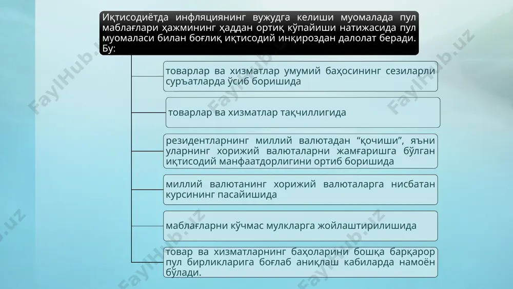 аласи қонунининг бузилиши, иқтисодиётда товар массаси ҳамда пул массаси ўртасидаги номутаносиблик жараёнида вужудга келади. таъсир қулувчи омиллар: ички омиллар таркибига ортиқча пул массаси вужудга келиши, миллий валютага нисбатан ишончнинг пасайиши, мамлакатнинг номутаносиб тўлов баланси кабиларни киритиш мумкин. ташқи омилларга мамлакат ташқи сиёсатининг беқарорлиги, иқтисодий инқирозлар, молия ва фонд бозорларида индексларнинг ўзгариши кабиларни келтириш мумкин. 3. инфляциянинг вужудга келиш сабаблари: биринчи сабаб – мамлакатда бозор механизмларининг тўлиқ жорий этилмаслиги, давлатнинг бюджет даромадлари ва харажатлари устидан монопол тартибини жорий этиши ҳисобланади. иккинчи сабаб – асоссиз равишда иш ҳақи ва бошқа тўловларнинг оширилиши, ушбу тўловлар давлат бюджети харажатлари таркибида қўзда тутилмаган бўлса, муомалага қўшимча эмиссия ҳисобига амалга оширилади учинчи сабаб – мамлакатда ишлаб чиқарилаётган товарларнинг экспорт қилиш даражасининг пастлиги ва импорт даражасининг юқорилиги билан ифодаланади 3. инфляциянинг вужудга келиш сабаблари инфляцияга сиёсий беқарорлик таъсири, оммавий ахборот воситалари фаолияти, ҳукуматга бўлган ишончни йўқотиш билан боғлиқ адаптив инфляцион кутилмалар сабаб бўлиши мумкин. инфляция кутилмаларнинг юқори …